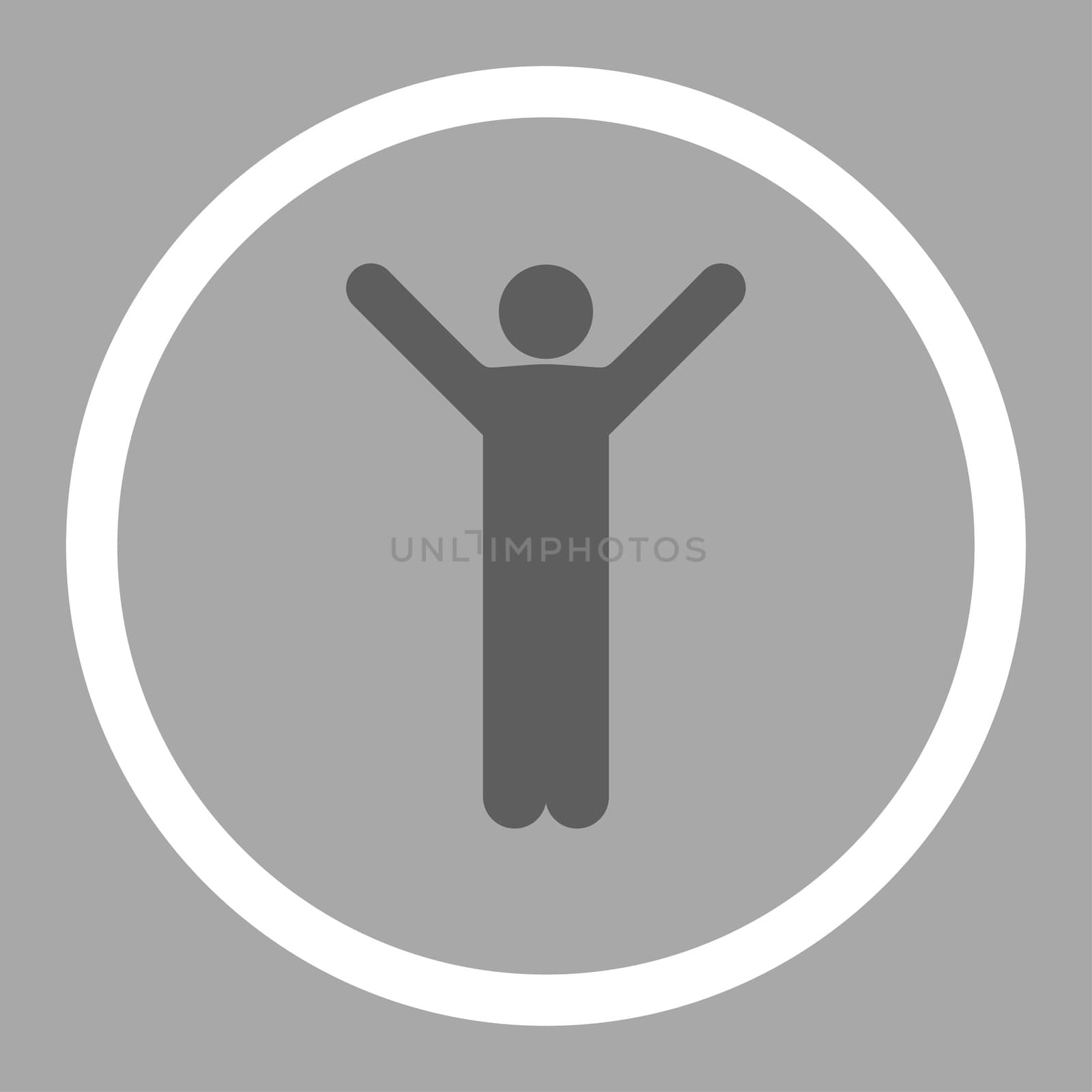 Happy glyph icon. This rounded flat symbol is drawn with dark gray and white colors on a silver background.