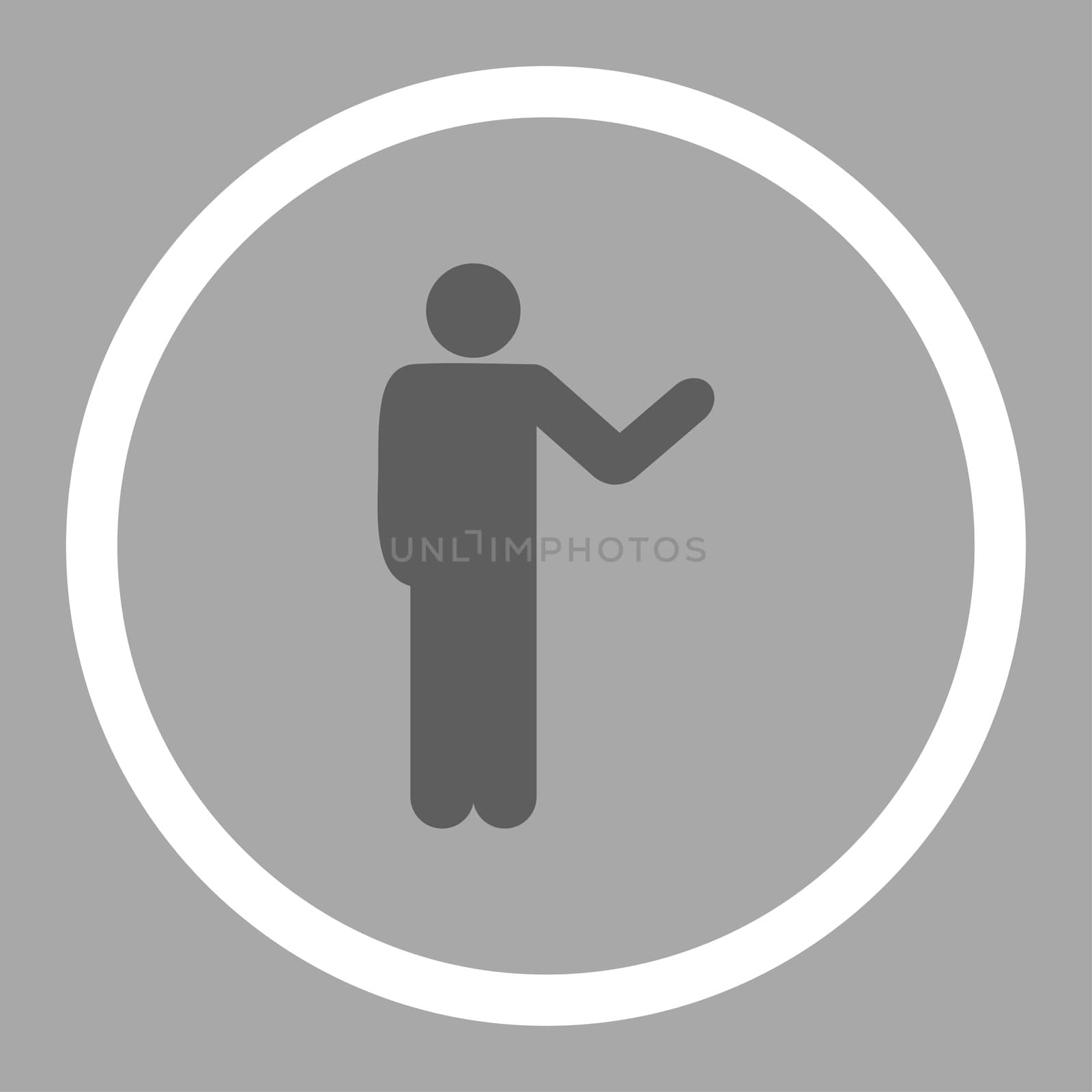 Talking person glyph icon. This rounded flat symbol is drawn with dark gray and white colors on a silver background.
