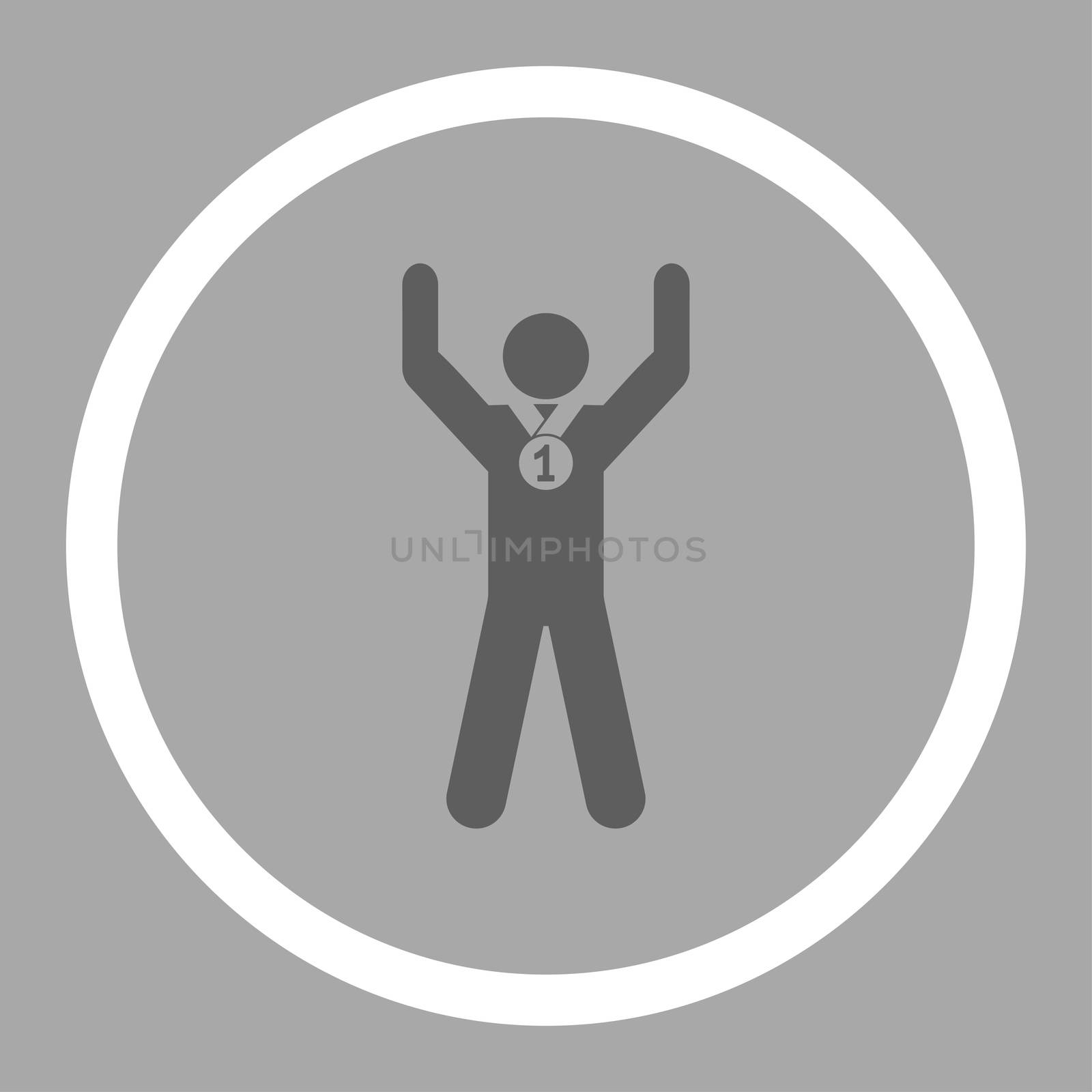 Winner glyph icon. This rounded flat symbol is drawn with dark gray and white colors on a silver background.