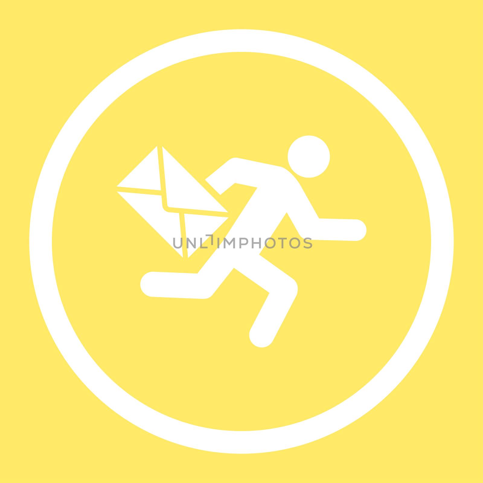Mail courier glyph icon. This rounded flat symbol is drawn with white color on a yellow background.