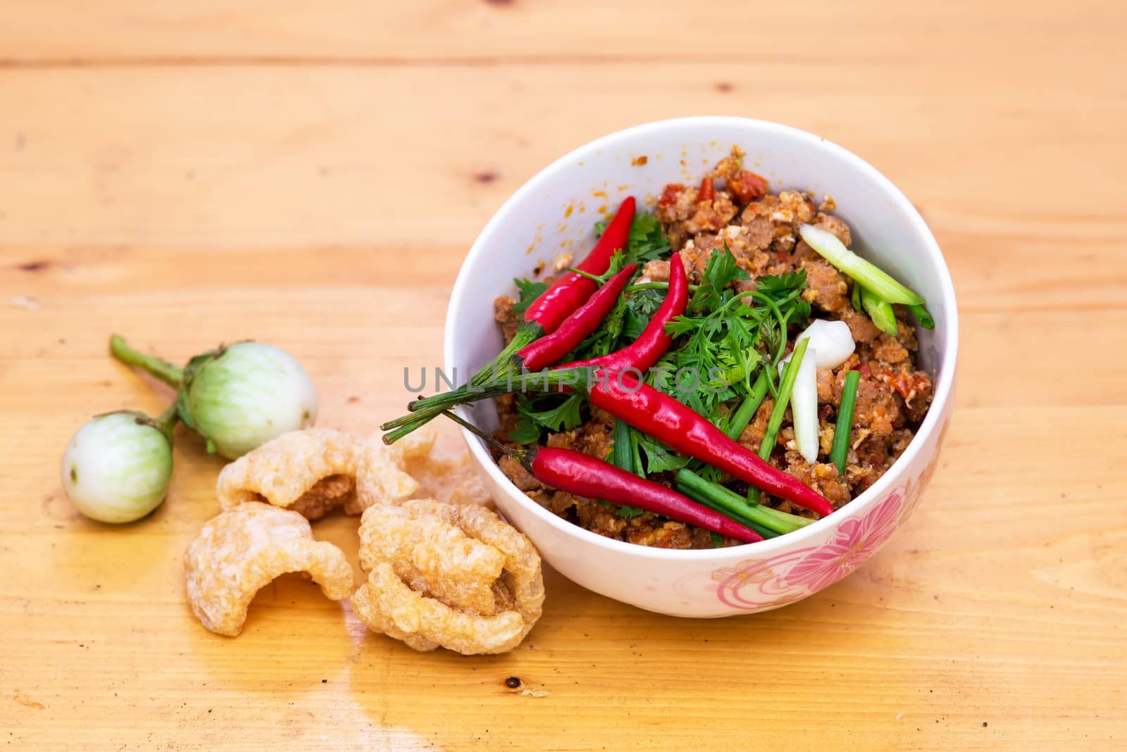 Thai Food appetizer ,Nam Prik Aong ,Thai Northern Style Pork and Tomato Relish.