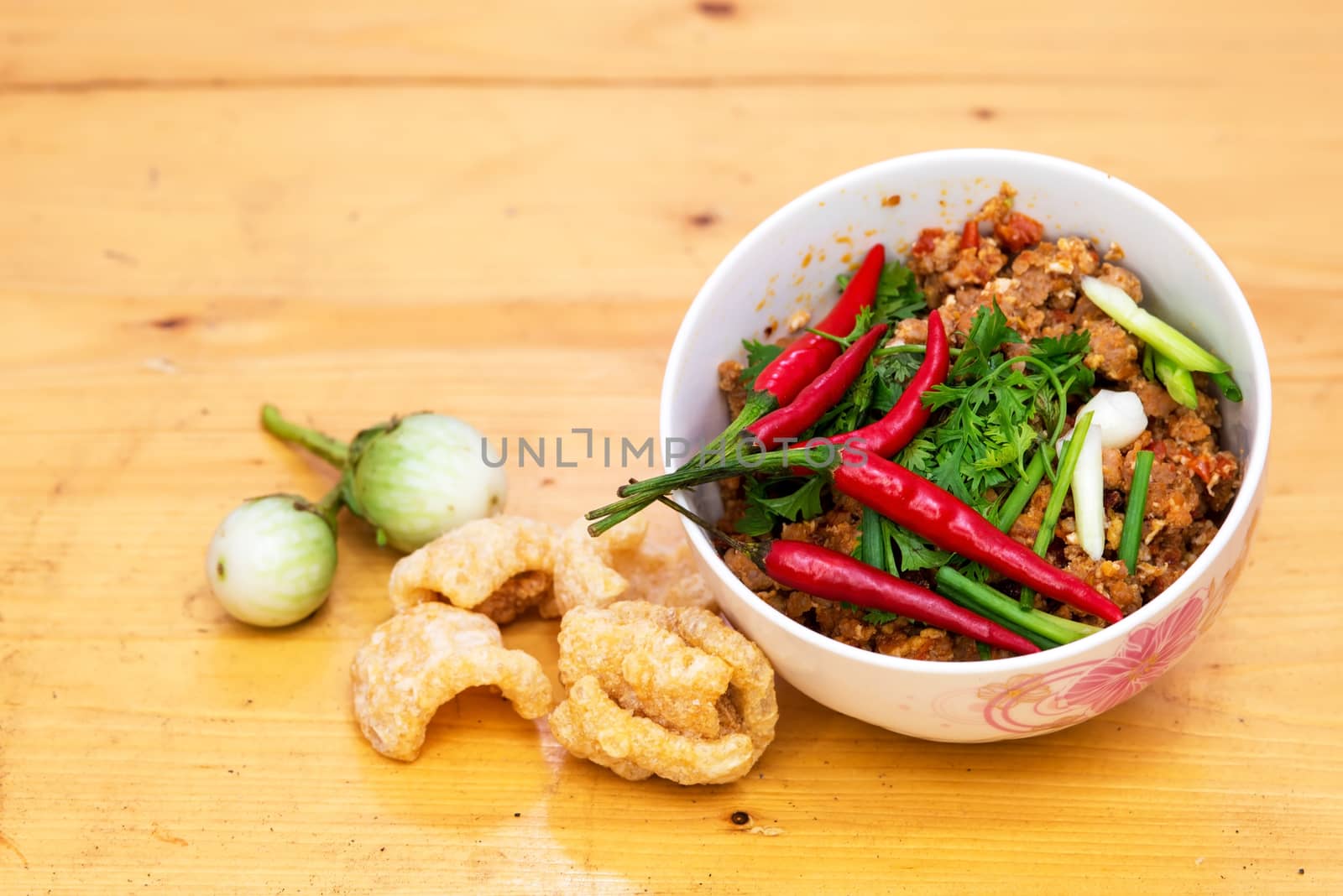 Thai Food appetizer ,Nam Prik Aong ,Thai Northern Style Pork and Tomato Relish.