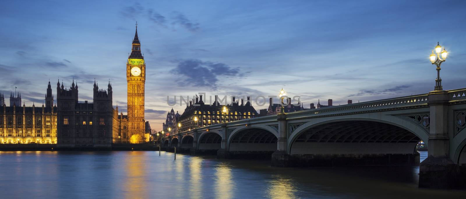 Panoramic view of Big Ben clock tower in London at sunset, UK. 