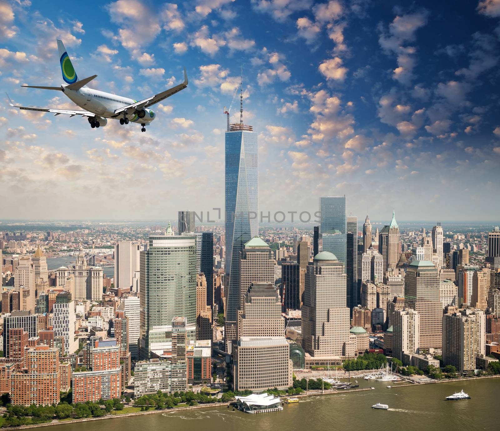 Aircraft overflying New York City skyline.