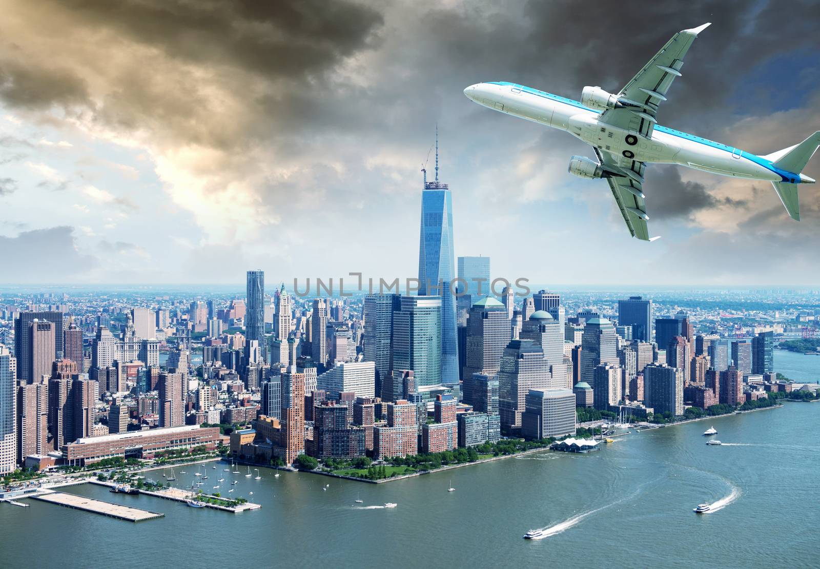 Aircraft over New York City - Tourism and vacation concept.