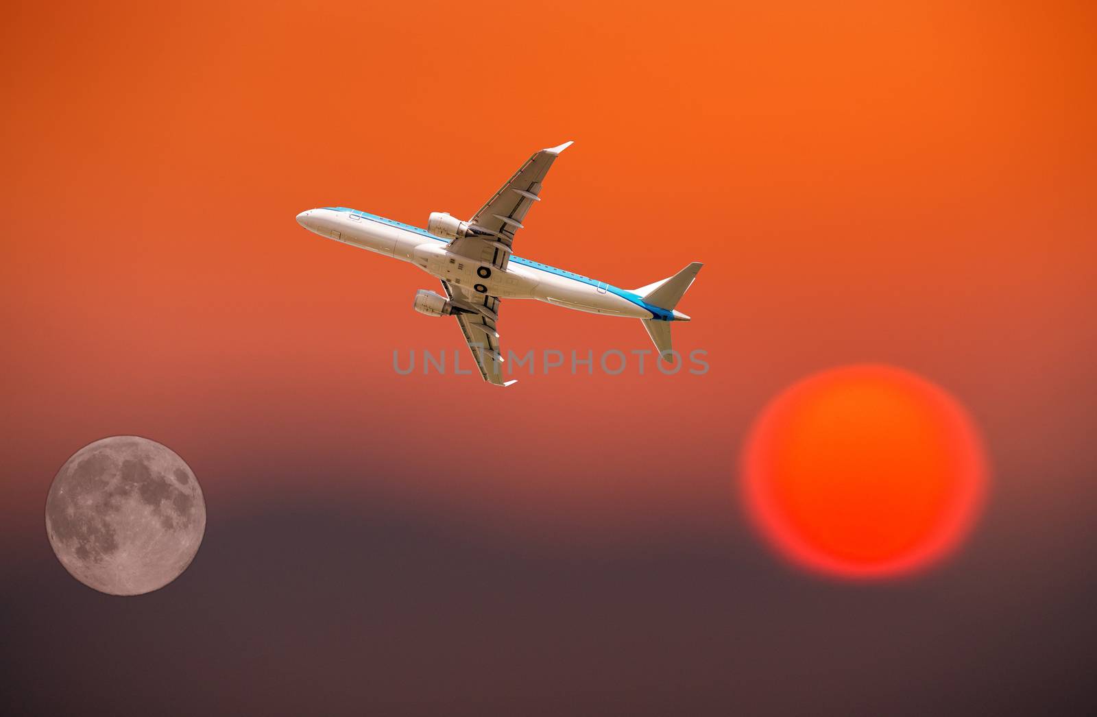 Airplane traveling between sun and moon.