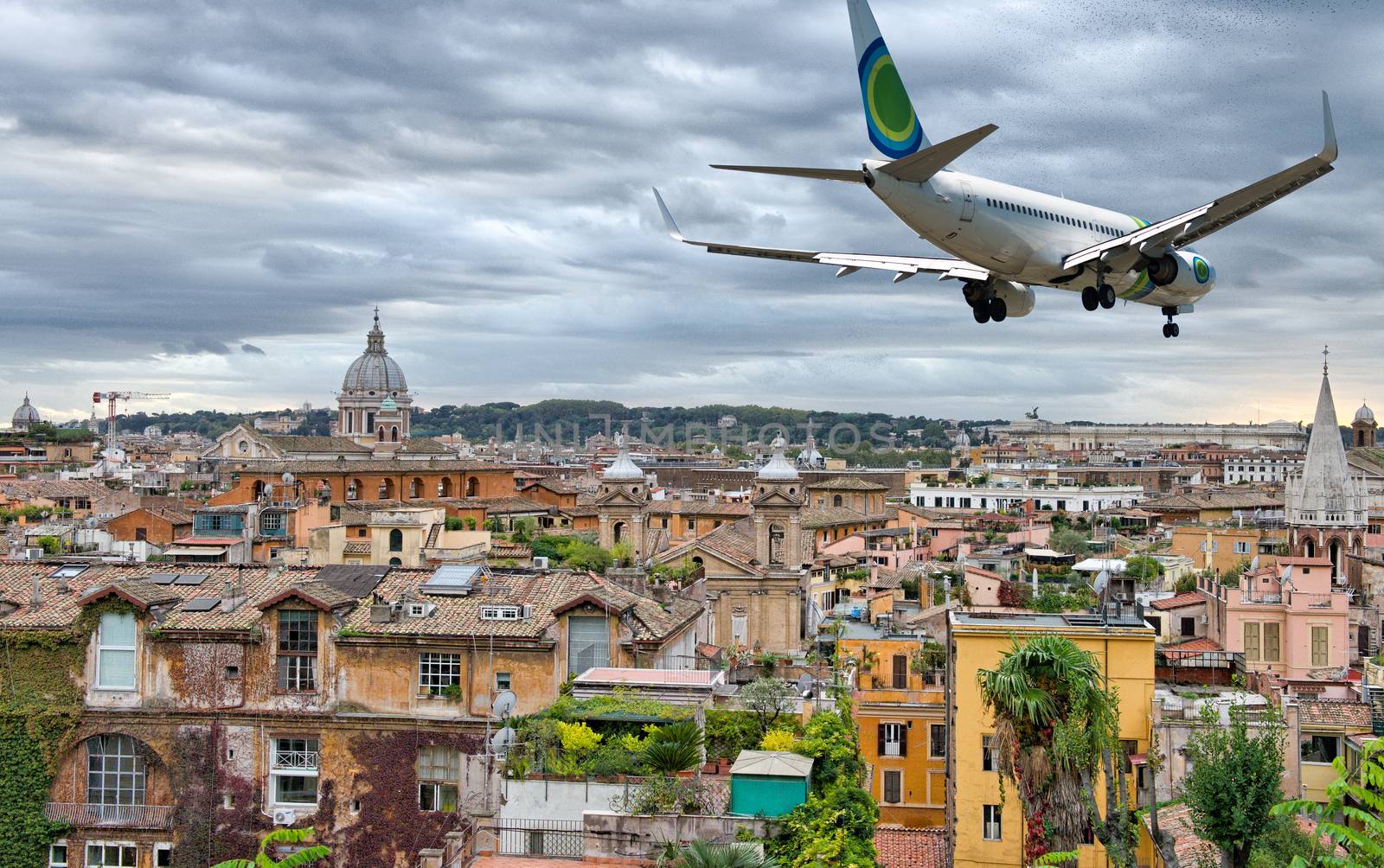 Airplane overflying Rome skyline by jovannig