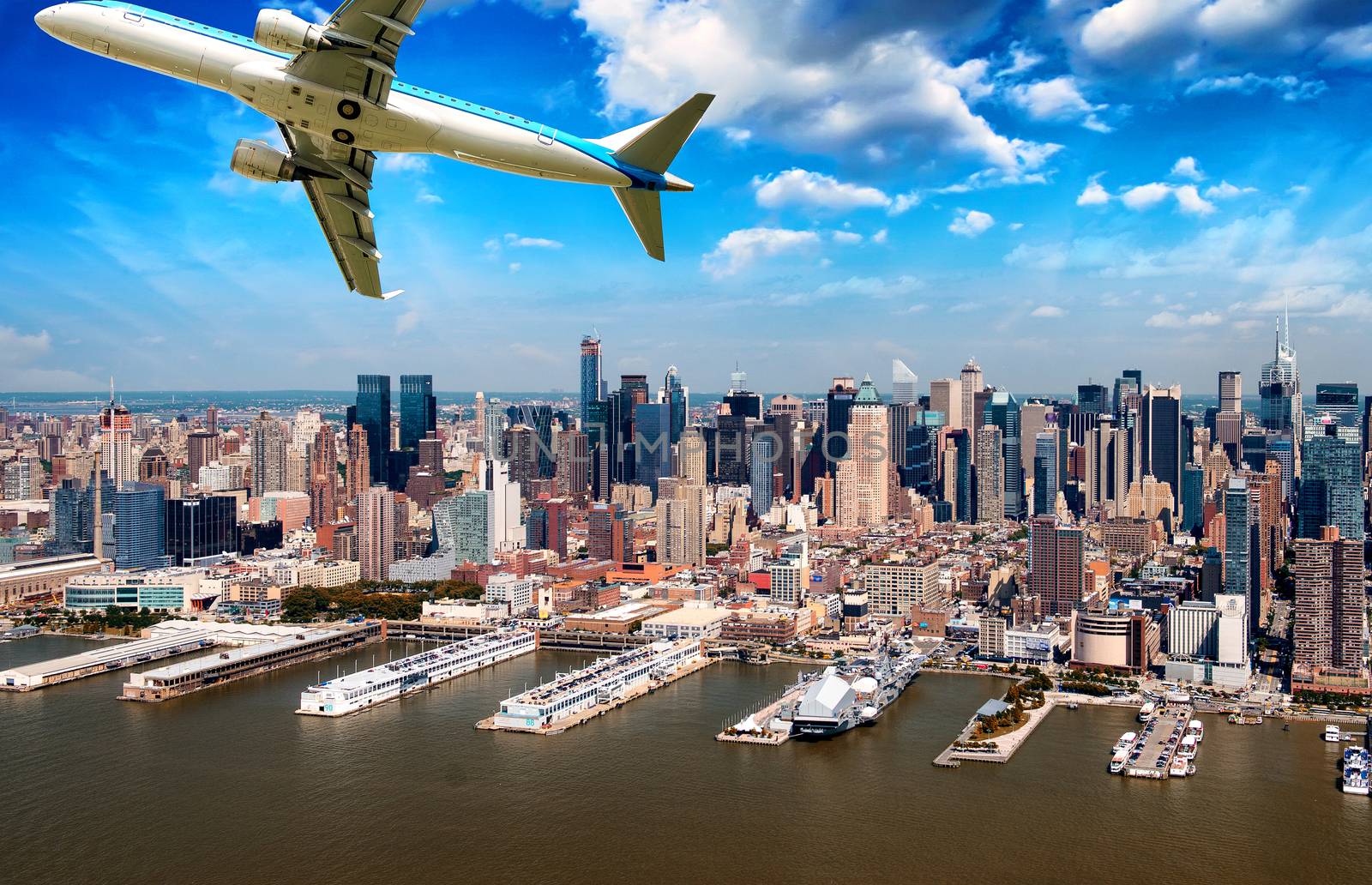 Aircraft overflying New York City skyline.