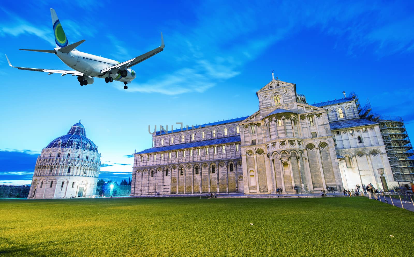 Airplane over Square of Miracles in Pisa - Italy by jovannig