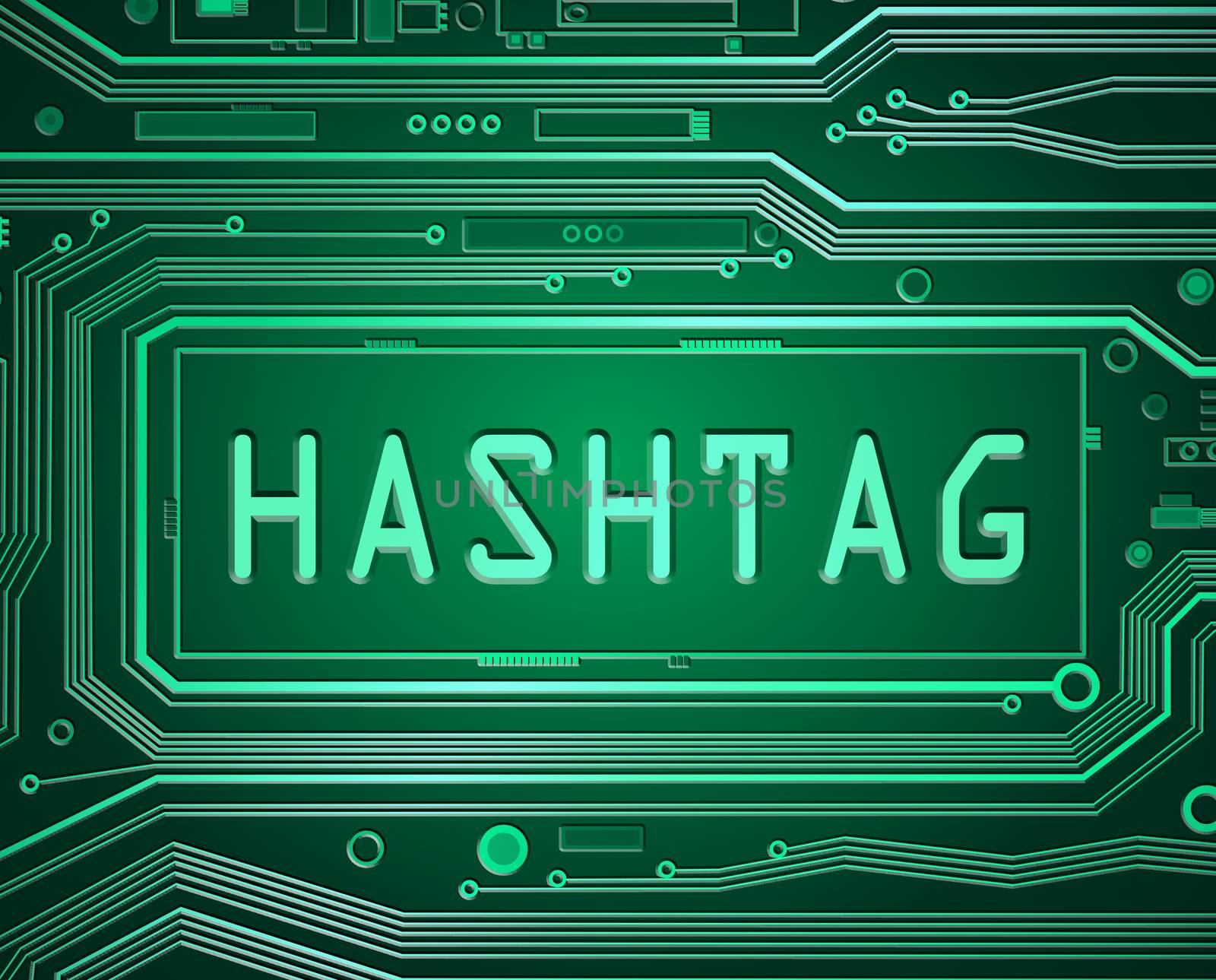 Abstract style illustration depicting printed circuit board components with a hashtag concept.