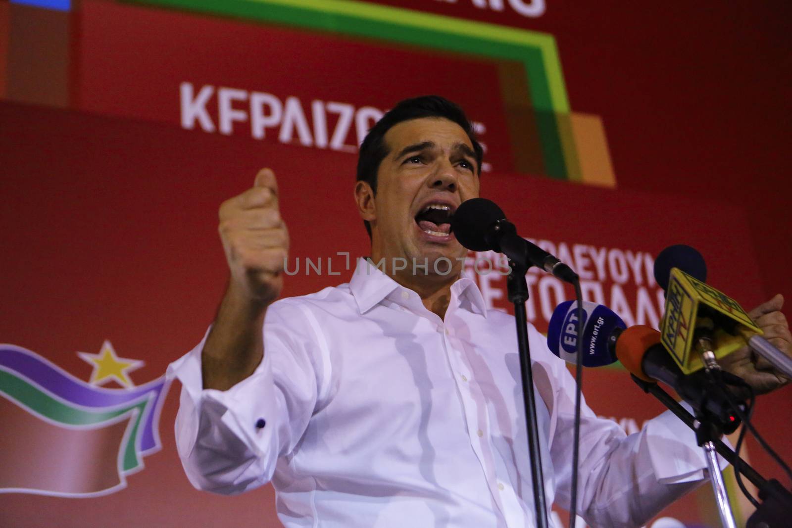 GREECE, Athens: Victorious Alexis Tsipras, the designated Greek Prime Minister, addresses the crowd in Athens after claiming victory in Greece's parliamentary election on September 20, 2015.