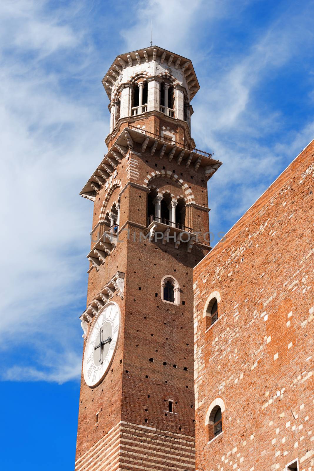 Medieval tower of Lamberti (Torre dei Lamberti) (XI century - 84 m.) in Verona (UNESCO world heritage site) - Veneto, Italy