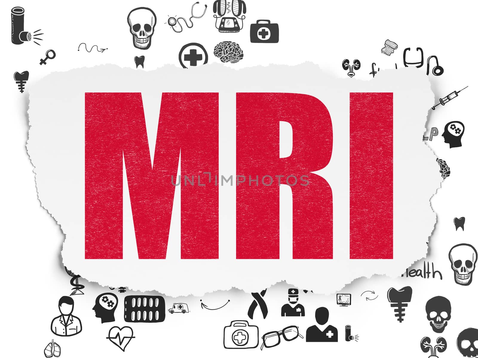 Medicine concept: Painted red text MRI on Torn Paper background with Scheme Of Hand Drawn Medicine Icons