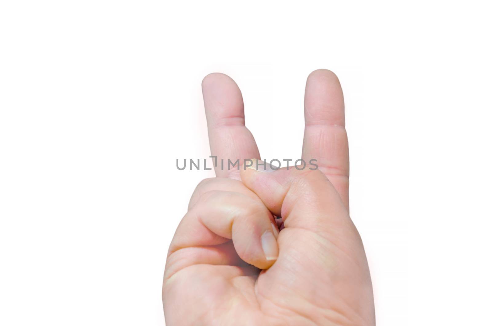 Human Hand, victory sign with two fingers from the palm of your hand.