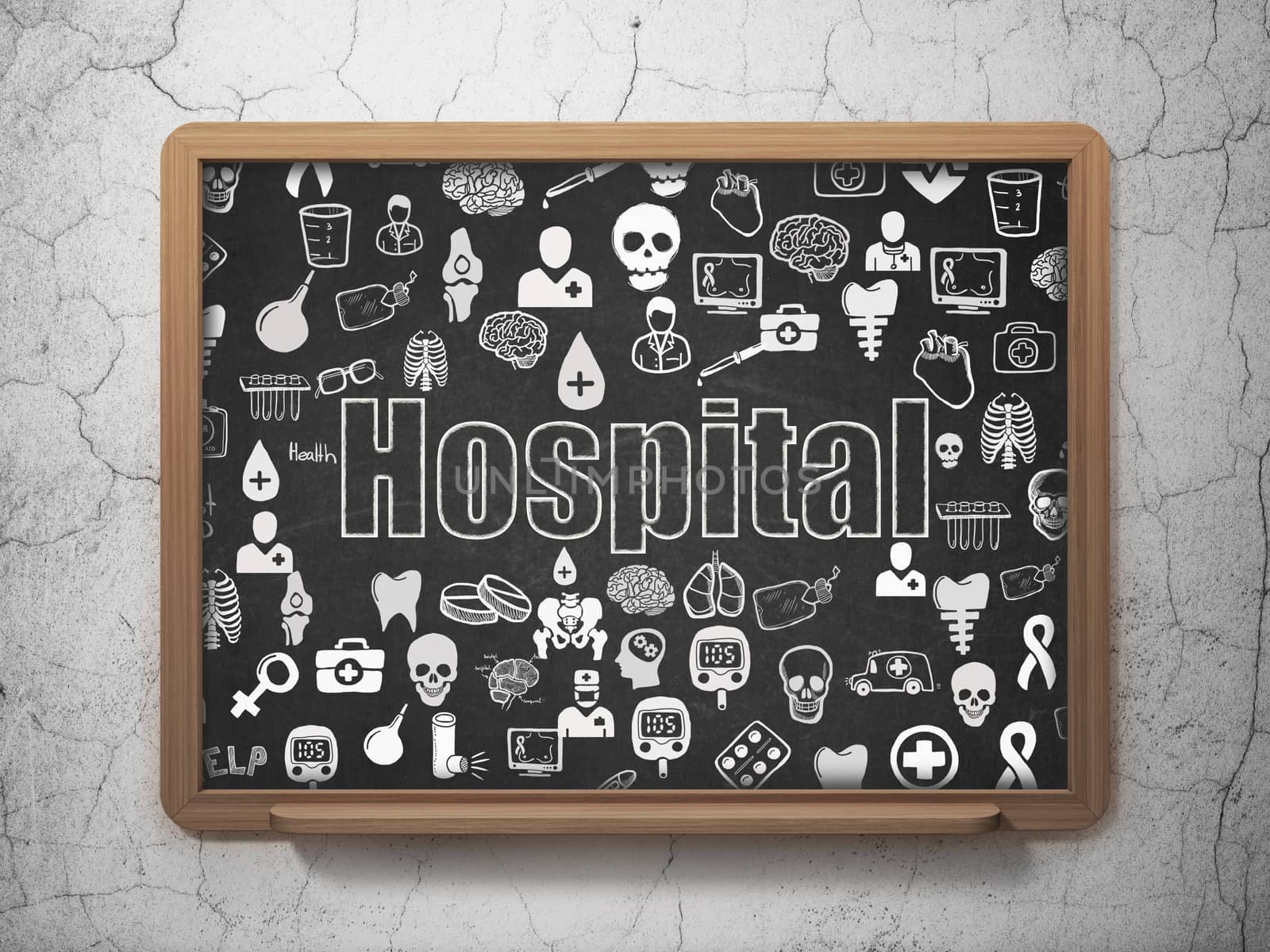 Health concept: Chalk White text Hospital on School Board background with  Hand Drawn Medicine Icons