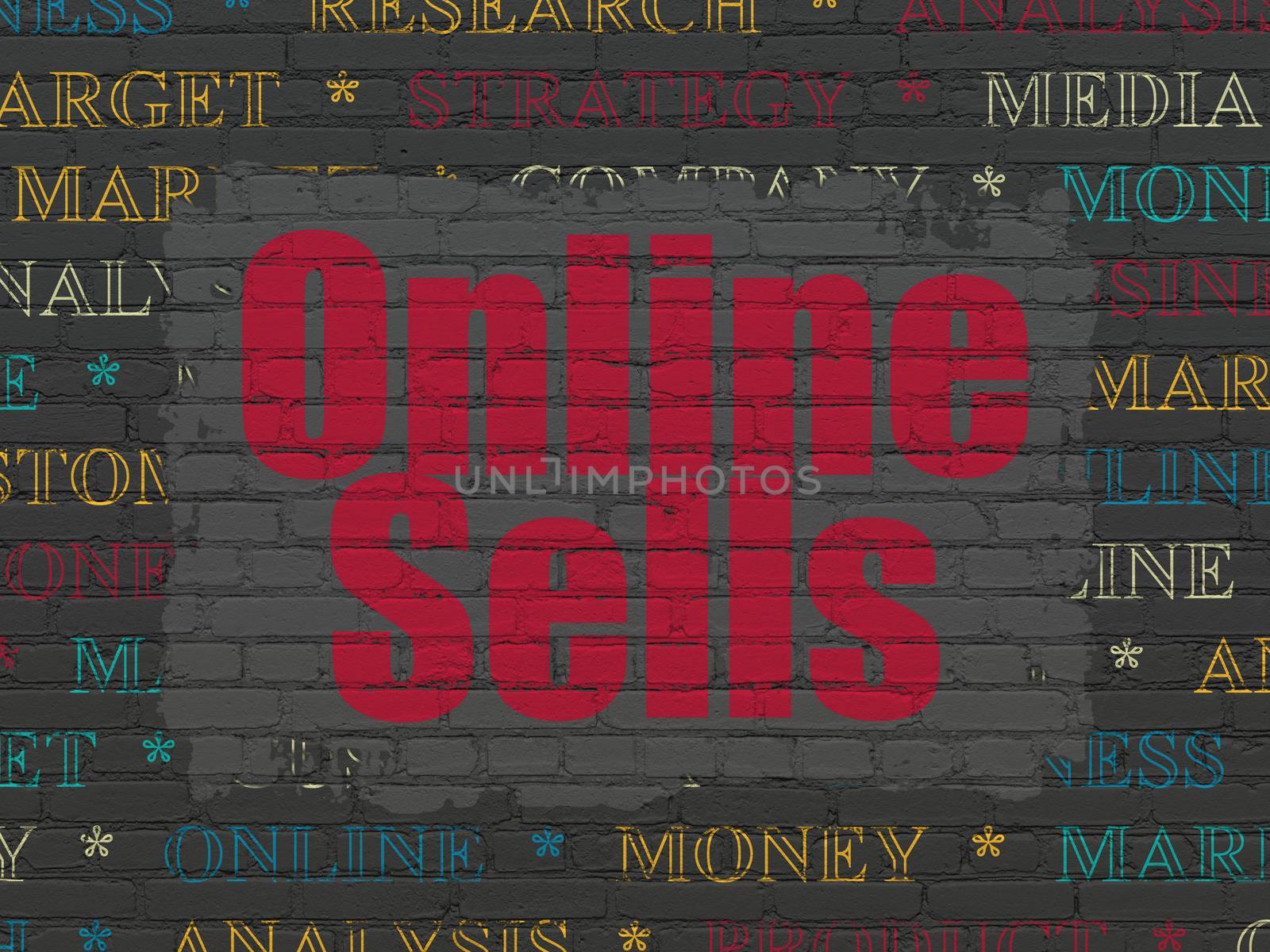 Marketing concept: Painted red text Online Sells on Black Brick wall background with  Tag Cloud
