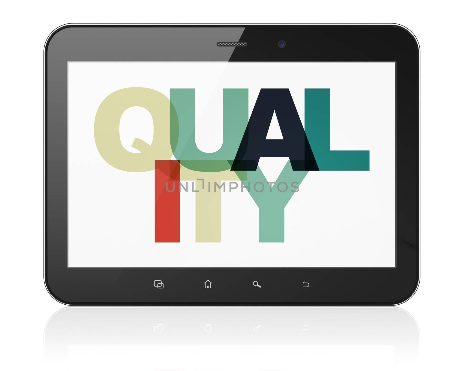 Marketing concept: Tablet Computer with Painted multicolor text Quality on display