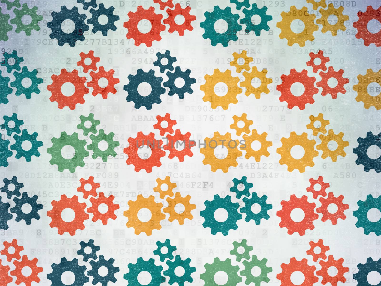 Marketing concept: Painted multicolor Gears icons on Digital Paper background