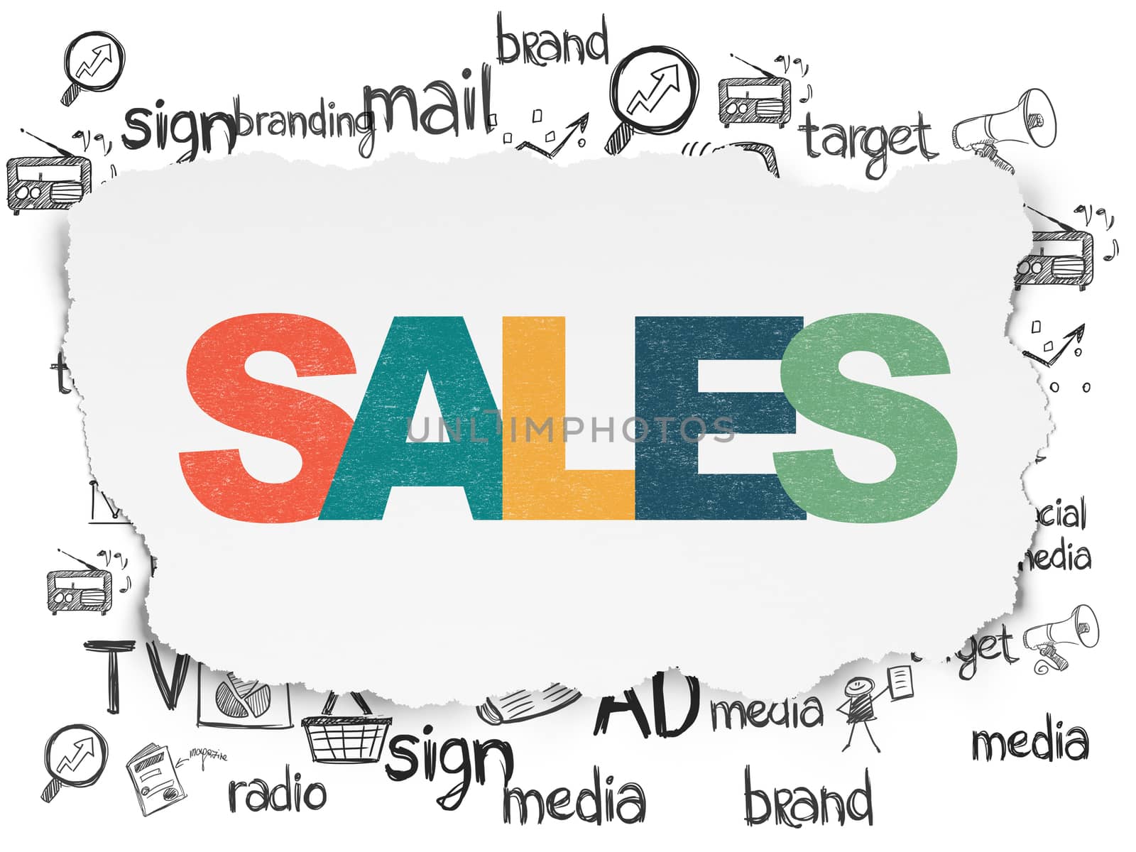 Marketing concept: Painted multicolor text Sales on Torn Paper background with  Hand Drawn Marketing Icons