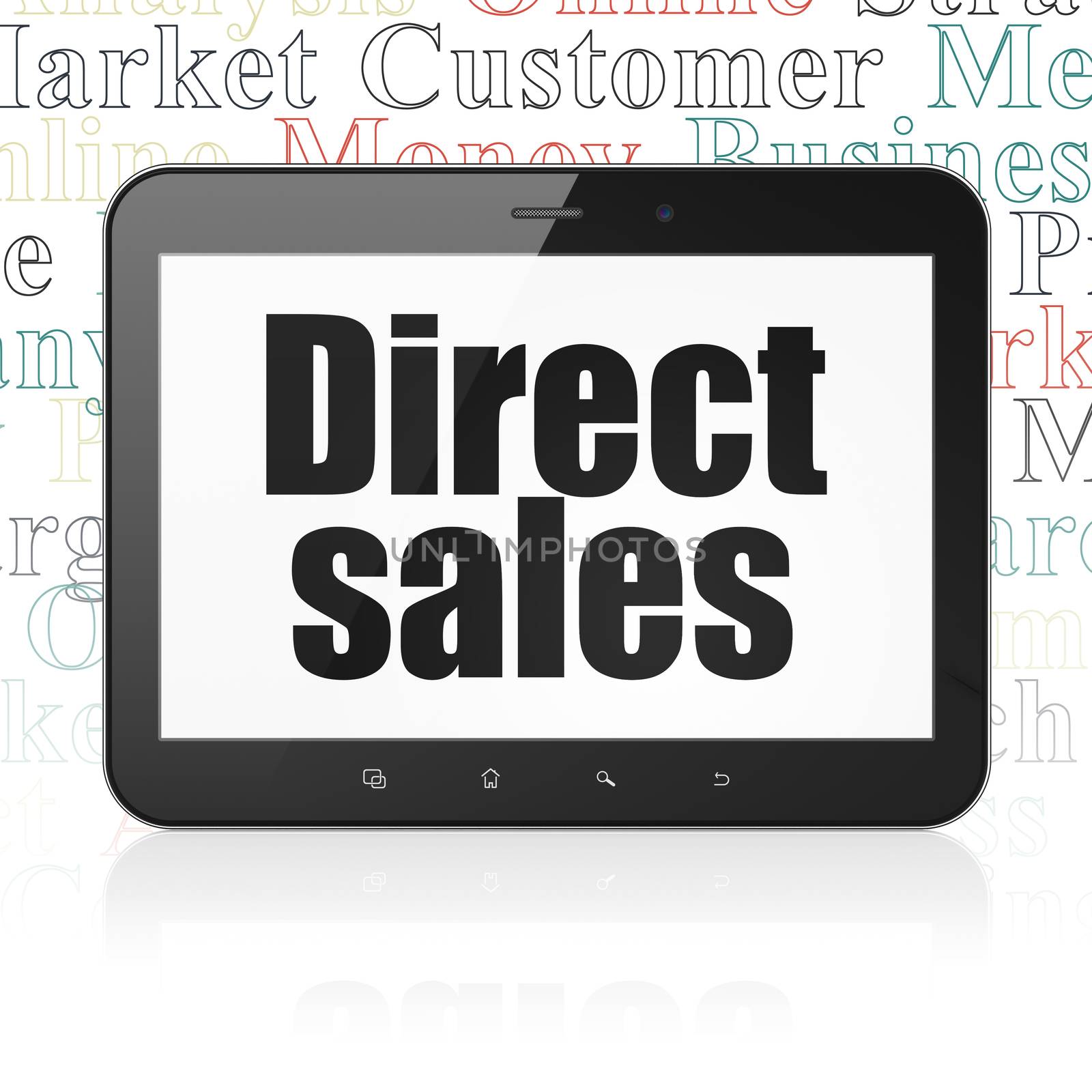 Marketing concept: Tablet Computer with  black text Direct Sales on display,  Tag Cloud background