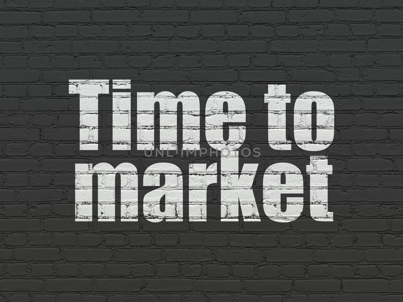 Timeline concept: Painted white text Time to Market on Black Brick wall background