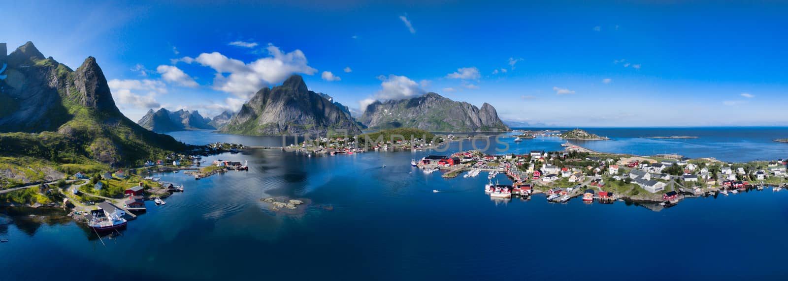 Aerial panorama of Reine, scenic fishing town on Lofoten islands in Norway