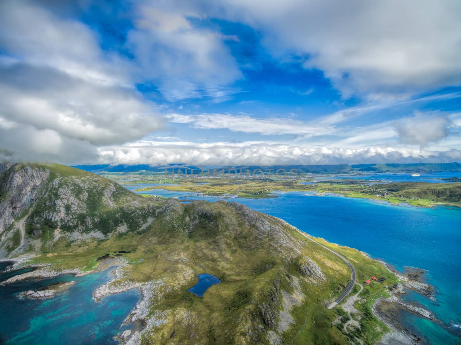 Scenic aerial view of Vestvagoy island with town of Leknes, Lofoten, Norway