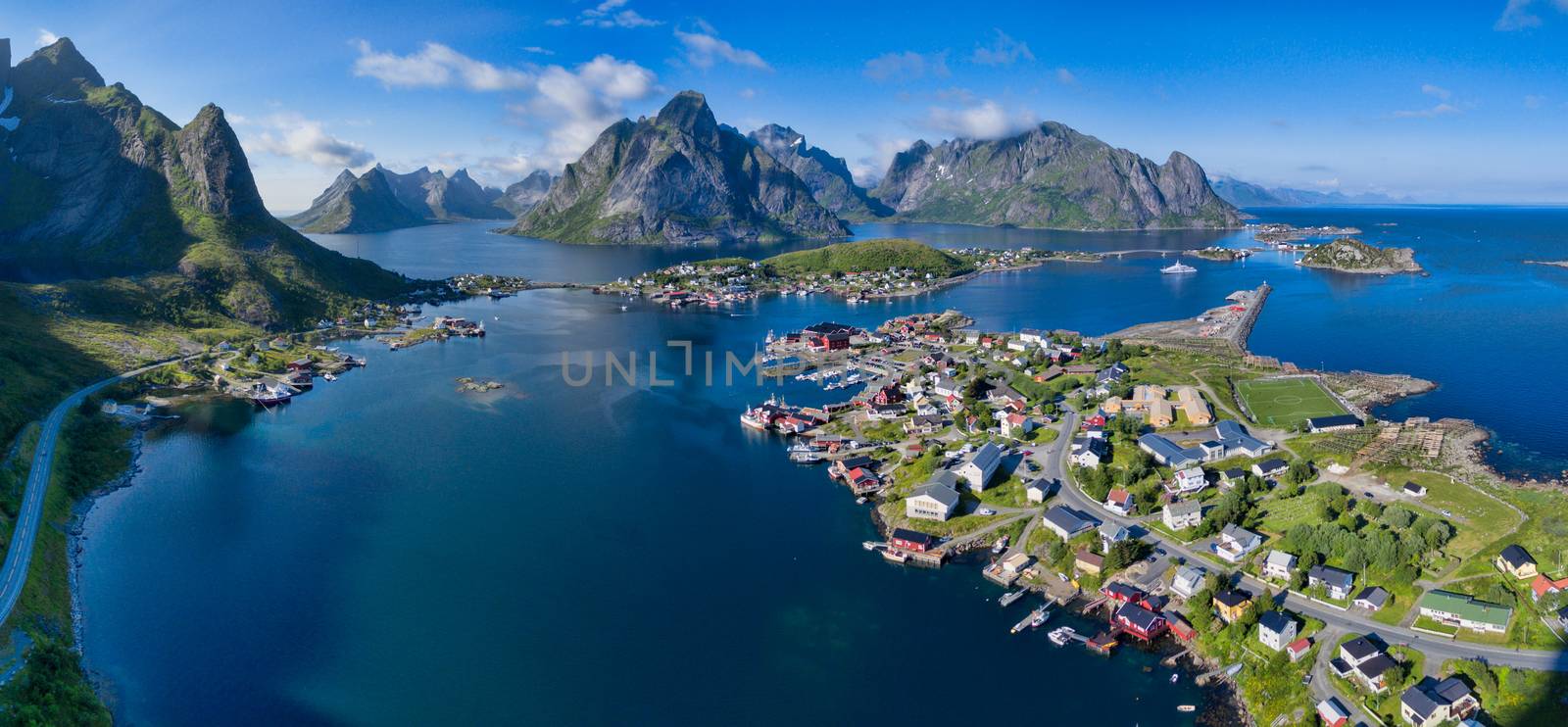 Breathtaking aerial panorama of fishing town Reine on Lofoten islands, famous tourist destination in Norway
