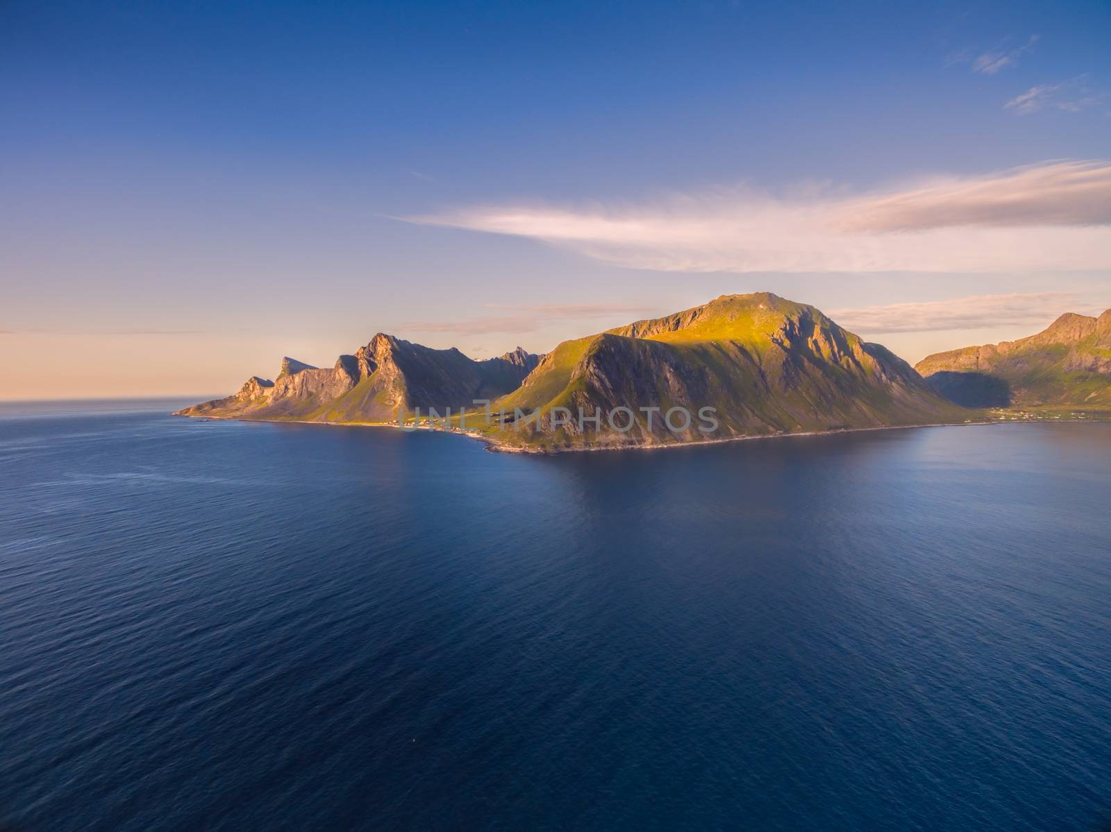 Aerial view of Lofoten islands in Norway from above the sea