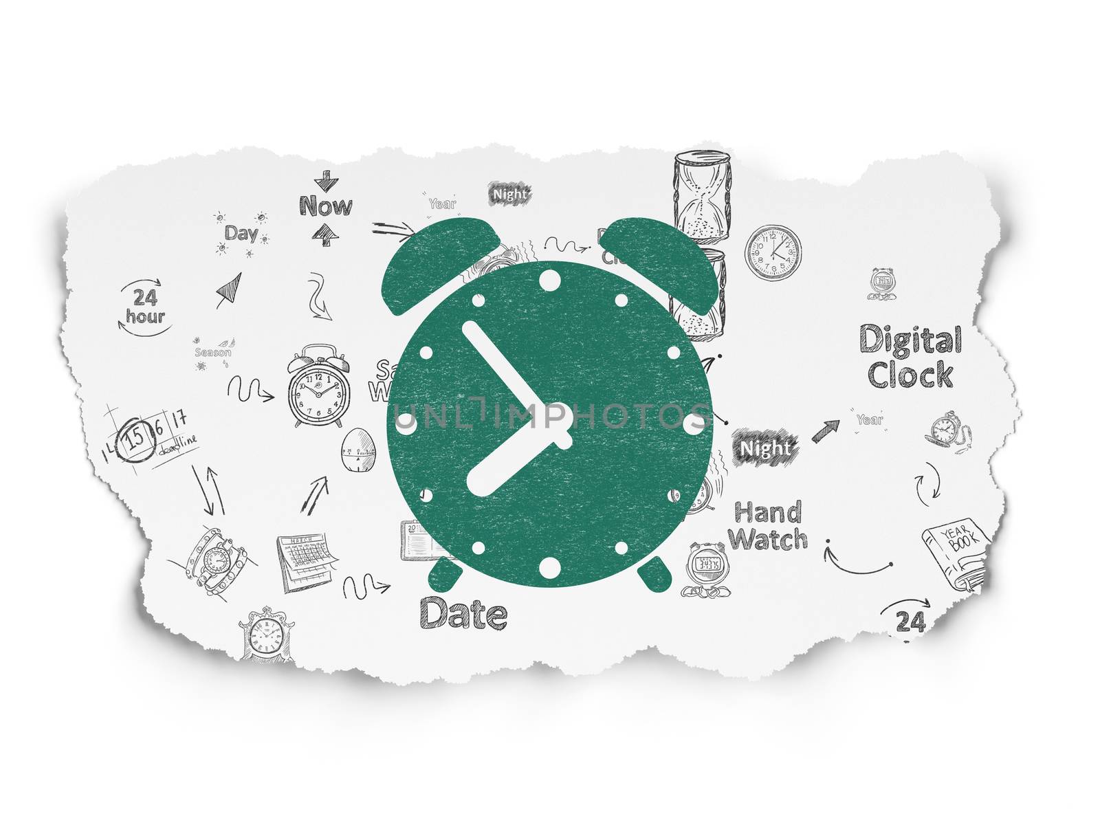 Timeline concept: Alarm Clock on Torn Paper background by maxkabakov