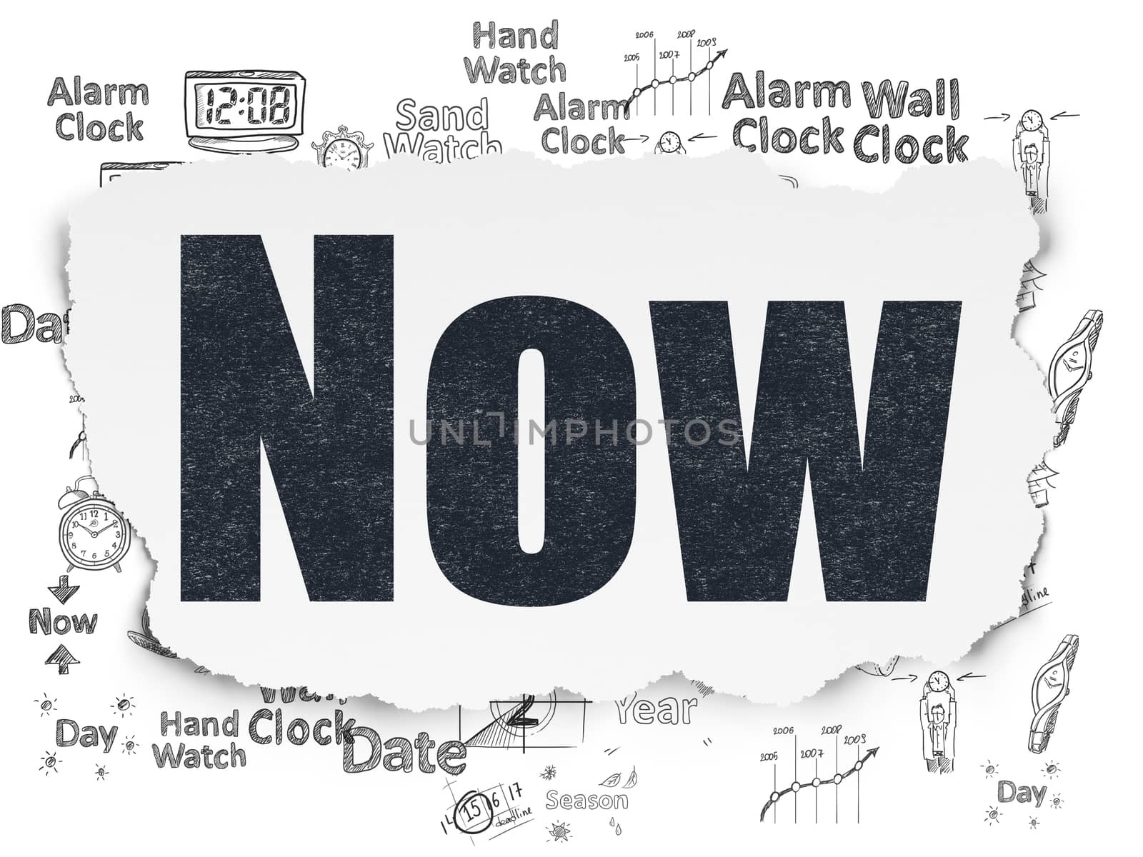 Timeline concept: Painted black text Now on Torn Paper background with  Hand Drawing Time Icons