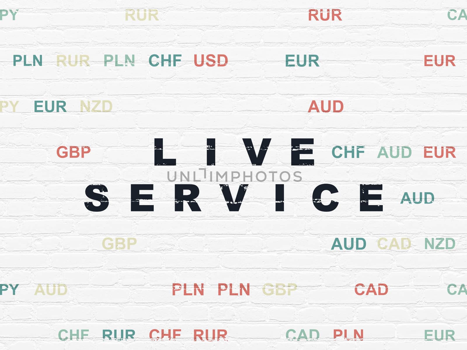 Finance concept: Painted black text Live Service on White Brick wall background with Currency