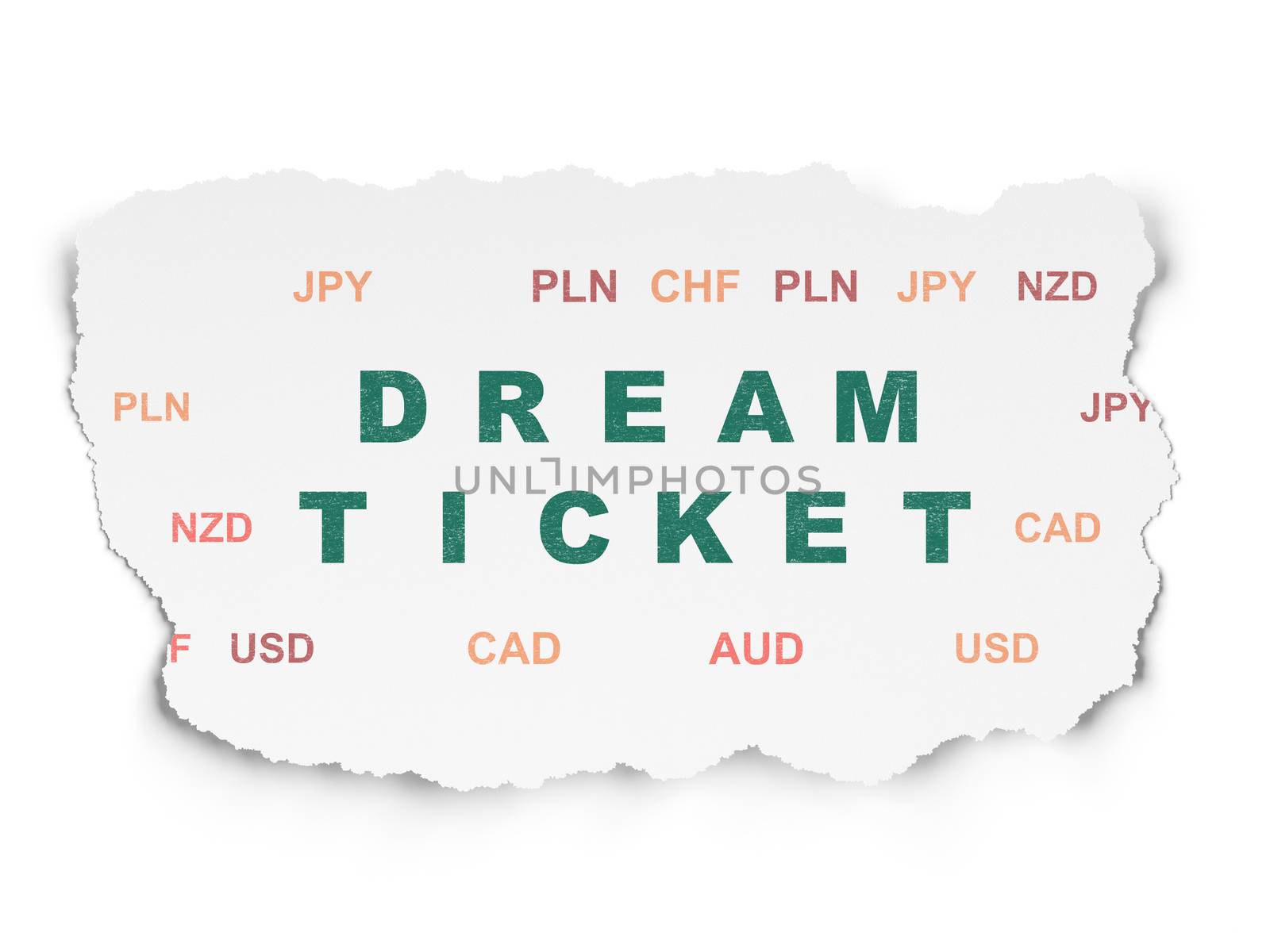 Business concept: Painted green text Dream Ticket on Torn Paper background with  Currency