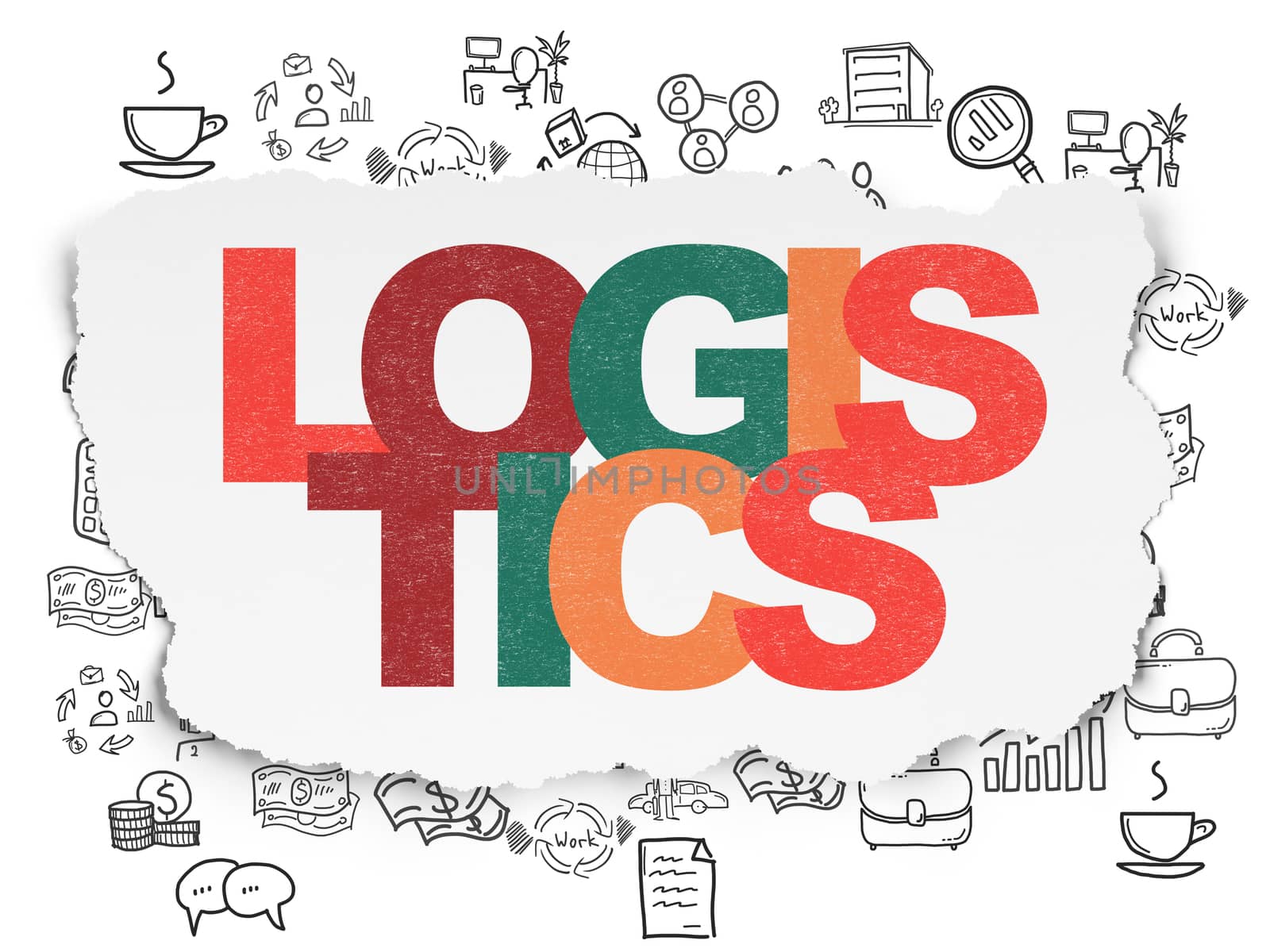 Business concept: Painted multicolor text Logistics on Torn Paper background with  Hand Drawn Business Icons