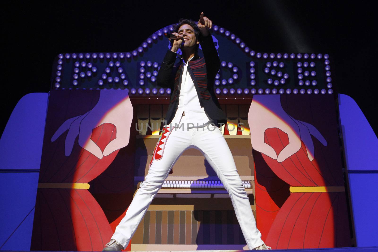 FRANCE, Paris: British pop singer Mika performs at the Zenith, in Paris, on September 19, 2015, during his 'Heaven Tour'.