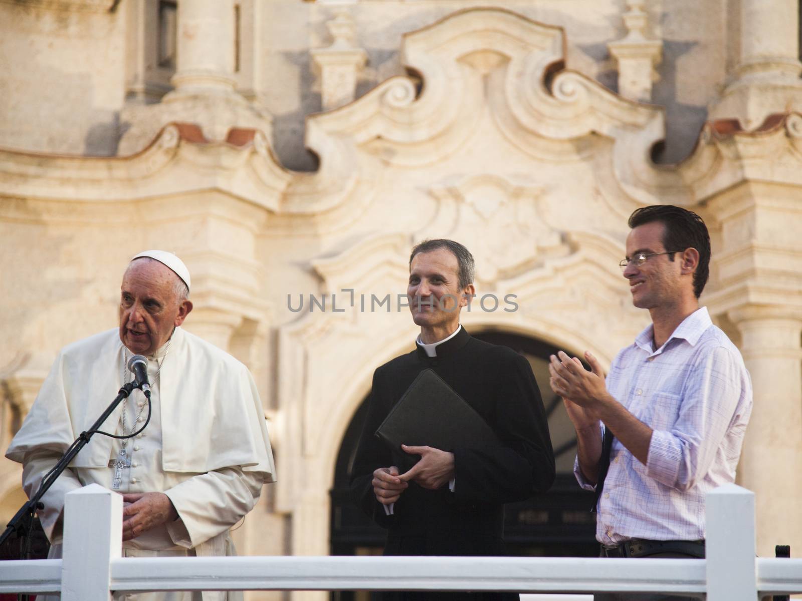 CUBA, Havana: Pope Francis met young Cubans in the Felix Varela Centre, Havana on September 20, 2015. Student spokesman Leonardo Fernandez Otano (right) also spoke to the younger generations about being a young Catholic.