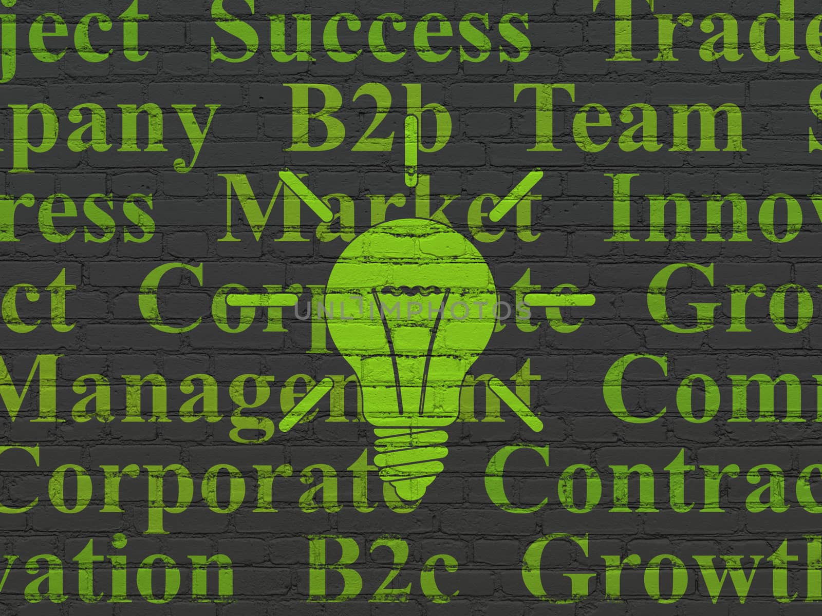 Finance concept: Painted green Light Bulb icon on Black Brick wall background with  Tag Cloud