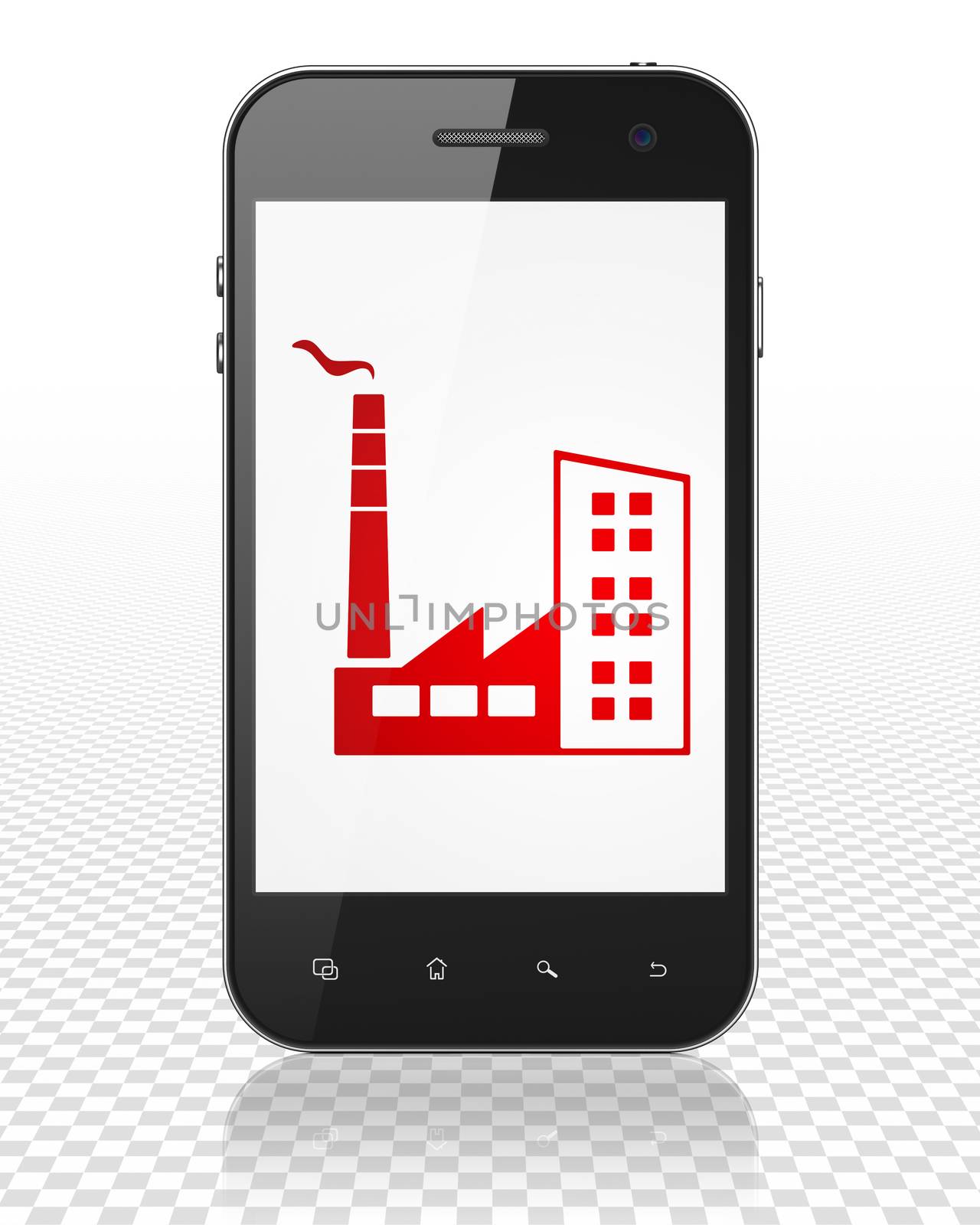 Business concept: Smartphone with red Industry Building icon on display