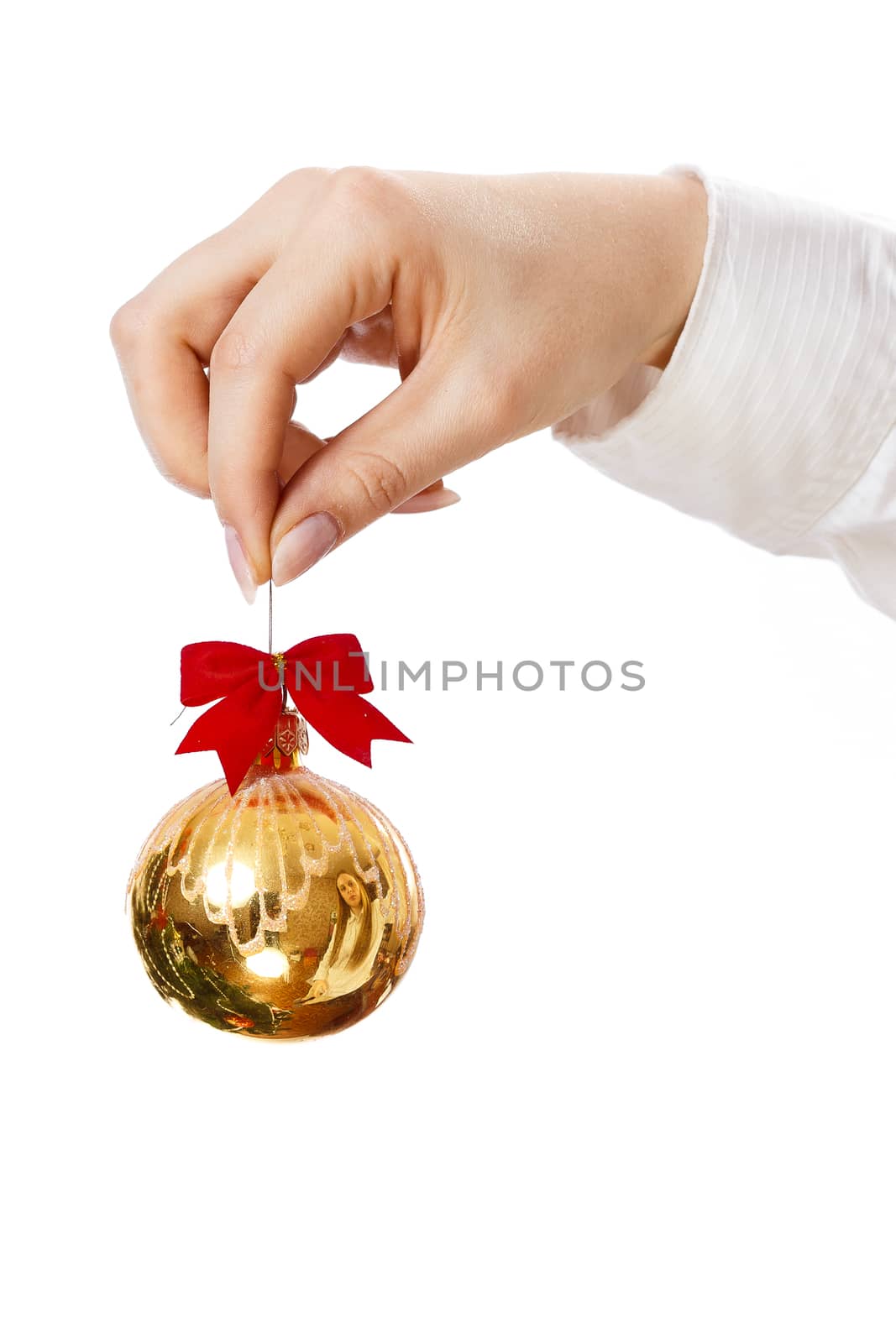 Decorating christmas tree with balls, ribbons and stuff, isolated on white background