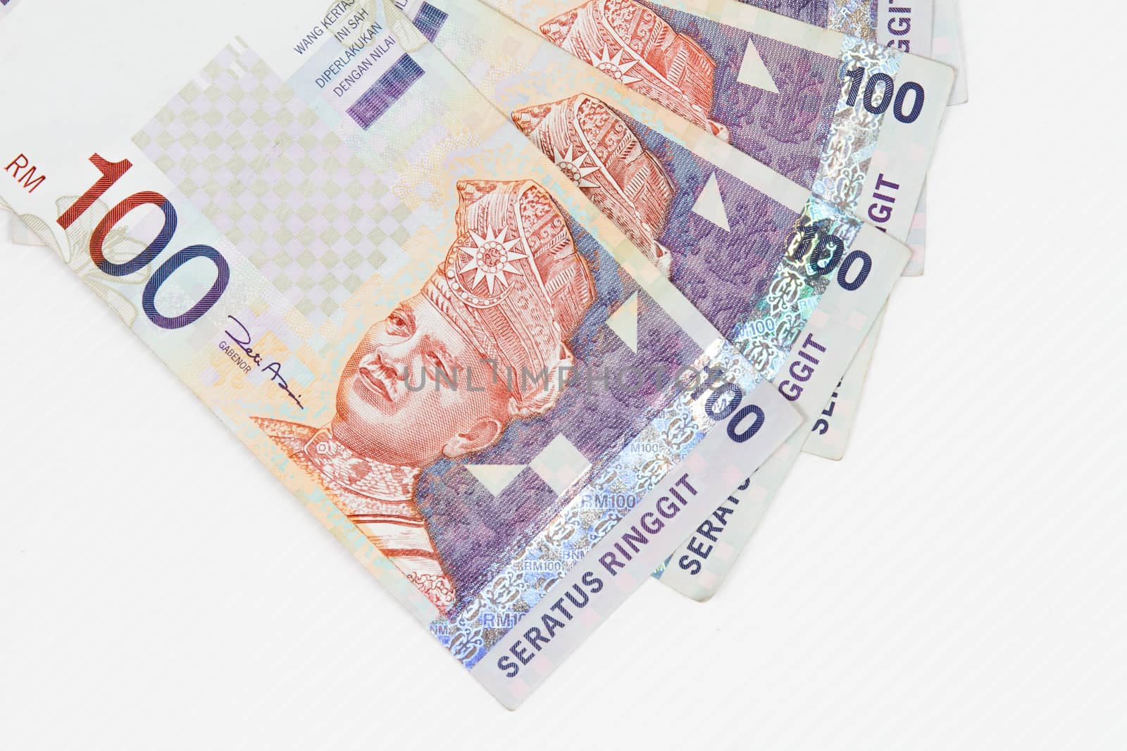 Close up of Ringgit Malaysia bills in white background