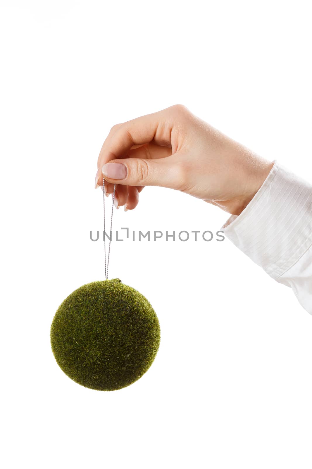 Decorating christmas tree with balls, ribbons and stuff, isolated on white background