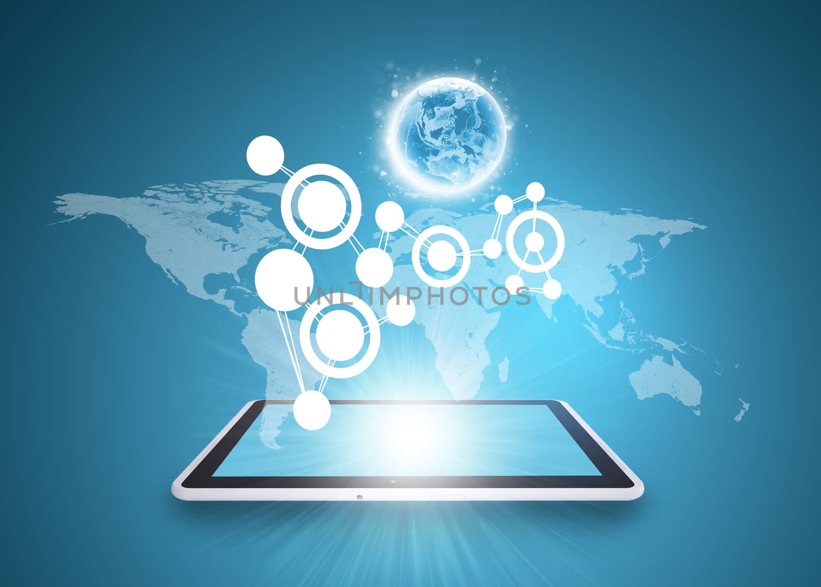 Tablet on abstract blue background with circles and world map