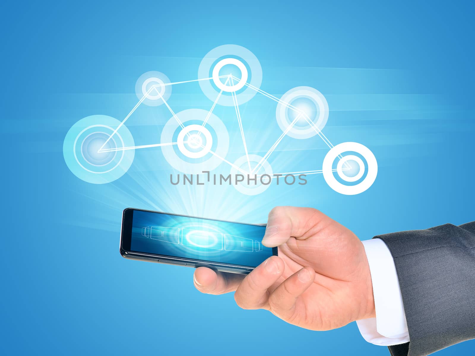Businessmans hand holding smartphone on abstract blue background