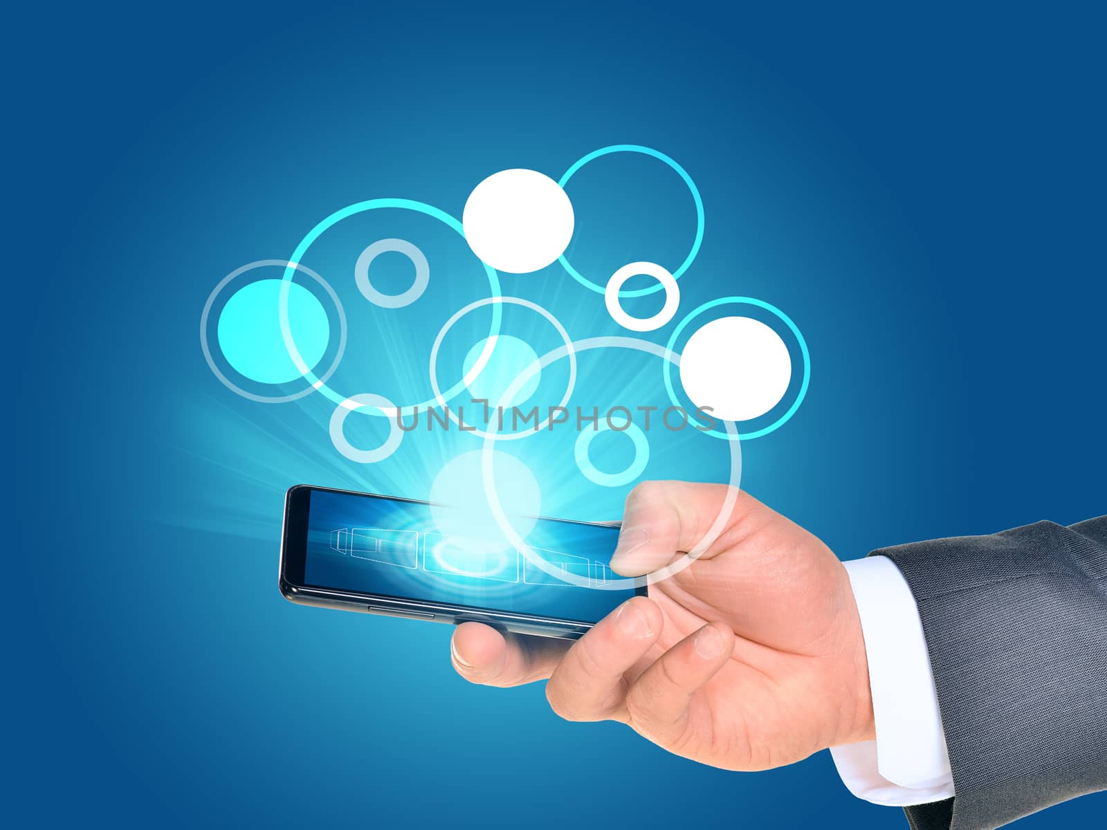 Businessmans hand using smartphone on abstract blue background