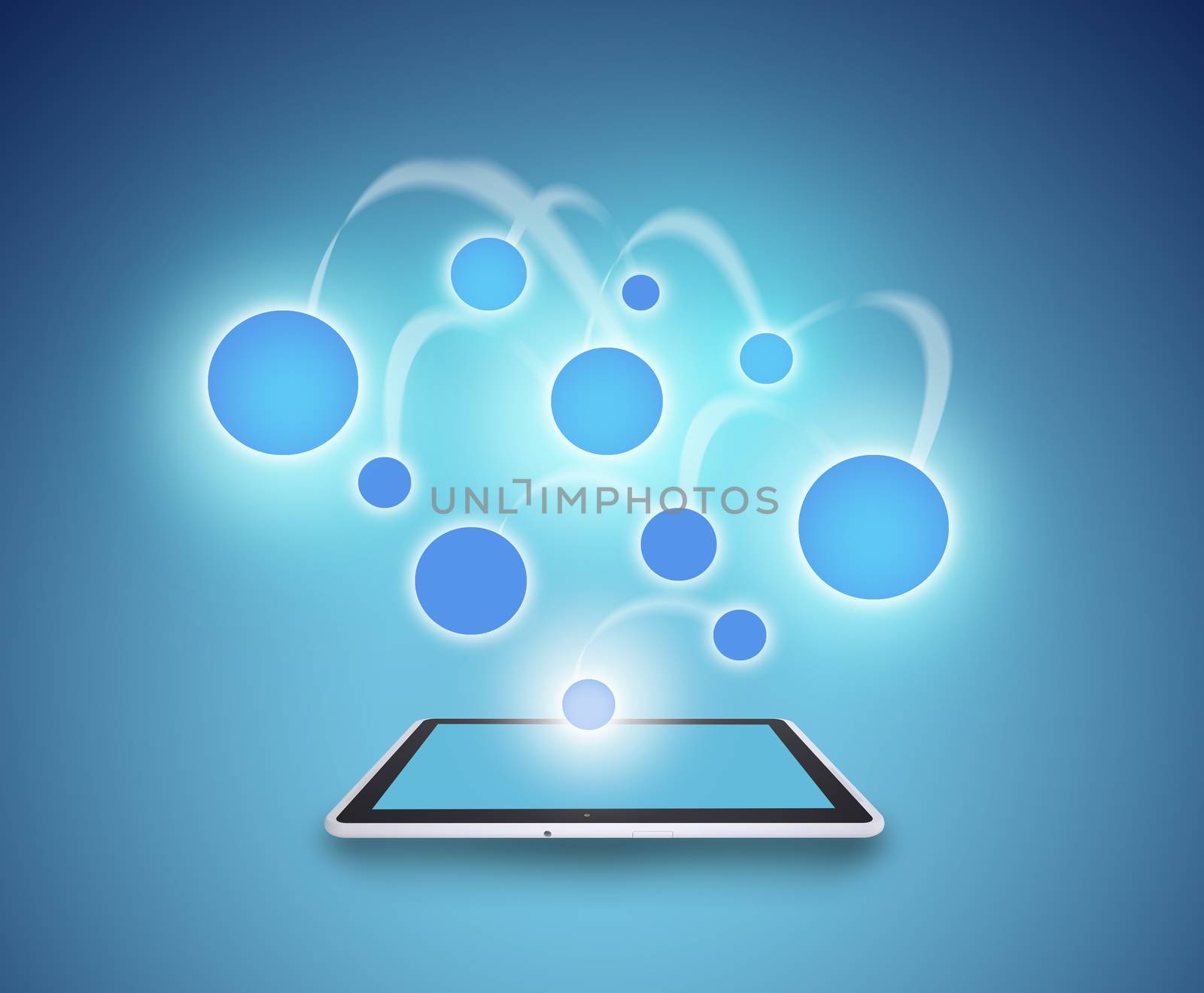 Tablet on abstract blue background by cherezoff