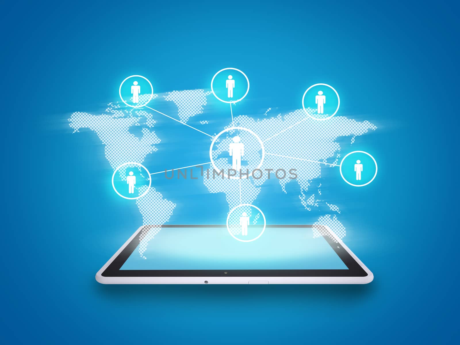 Tablet on abstract blue background with people symbols and world map