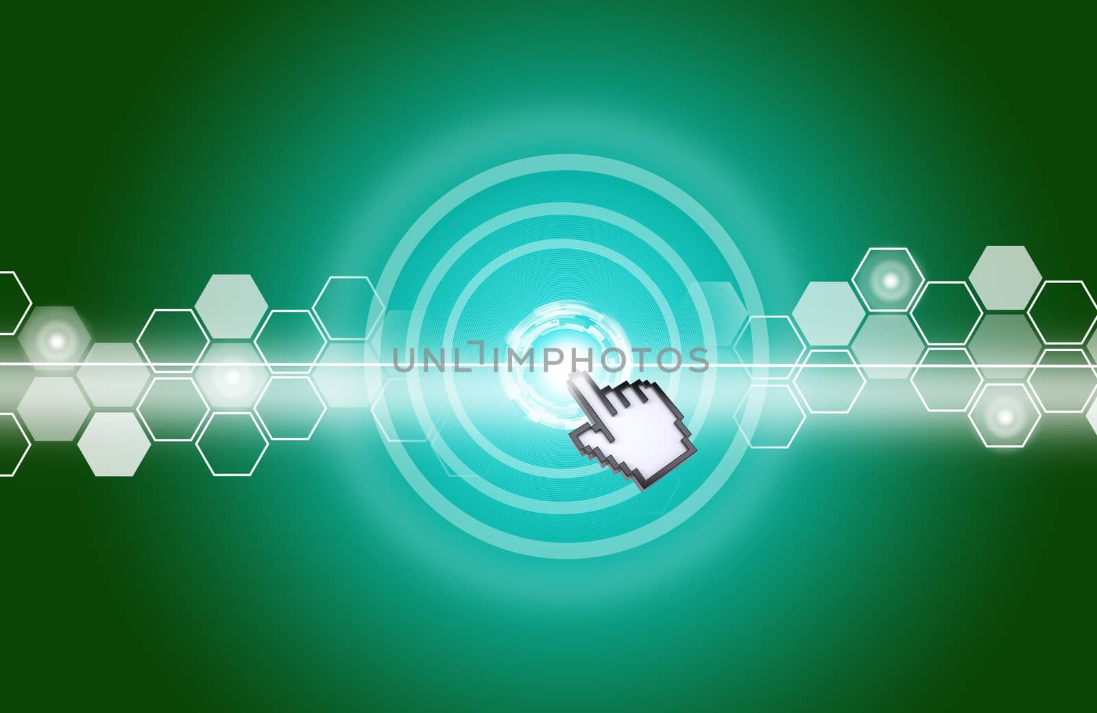 Cursor clicking on virtual button on abstract green background