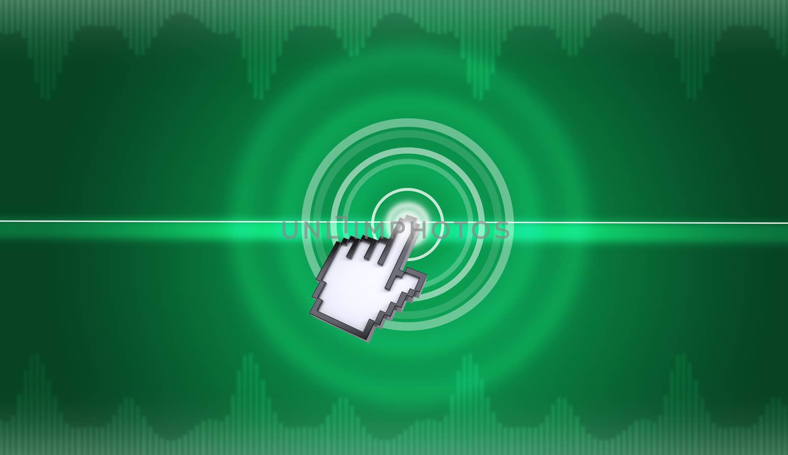 Cursor clicking on virtual button on abstract green background