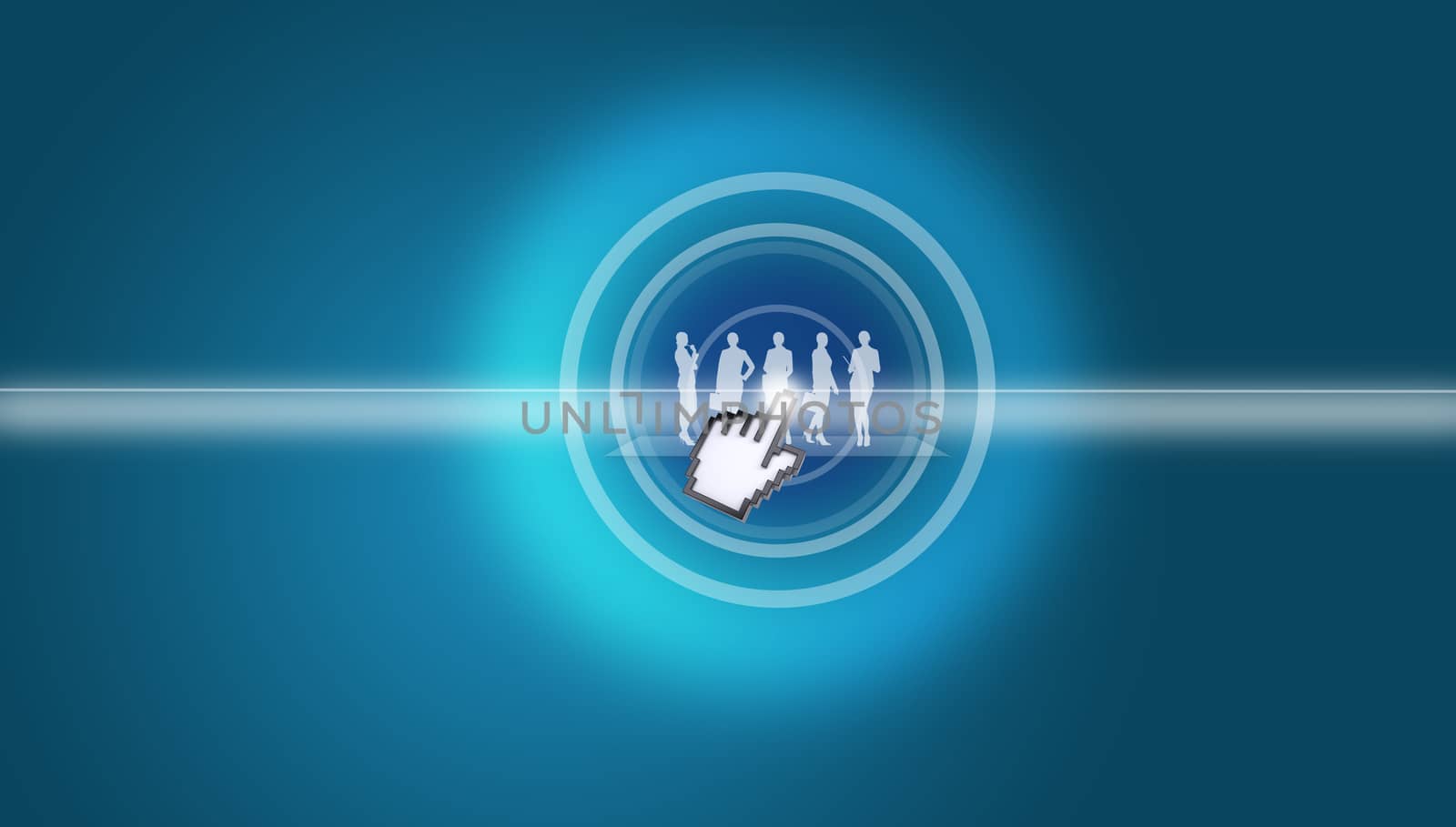 Cursor clicking on virtual people silhouettes on abstract blue background
