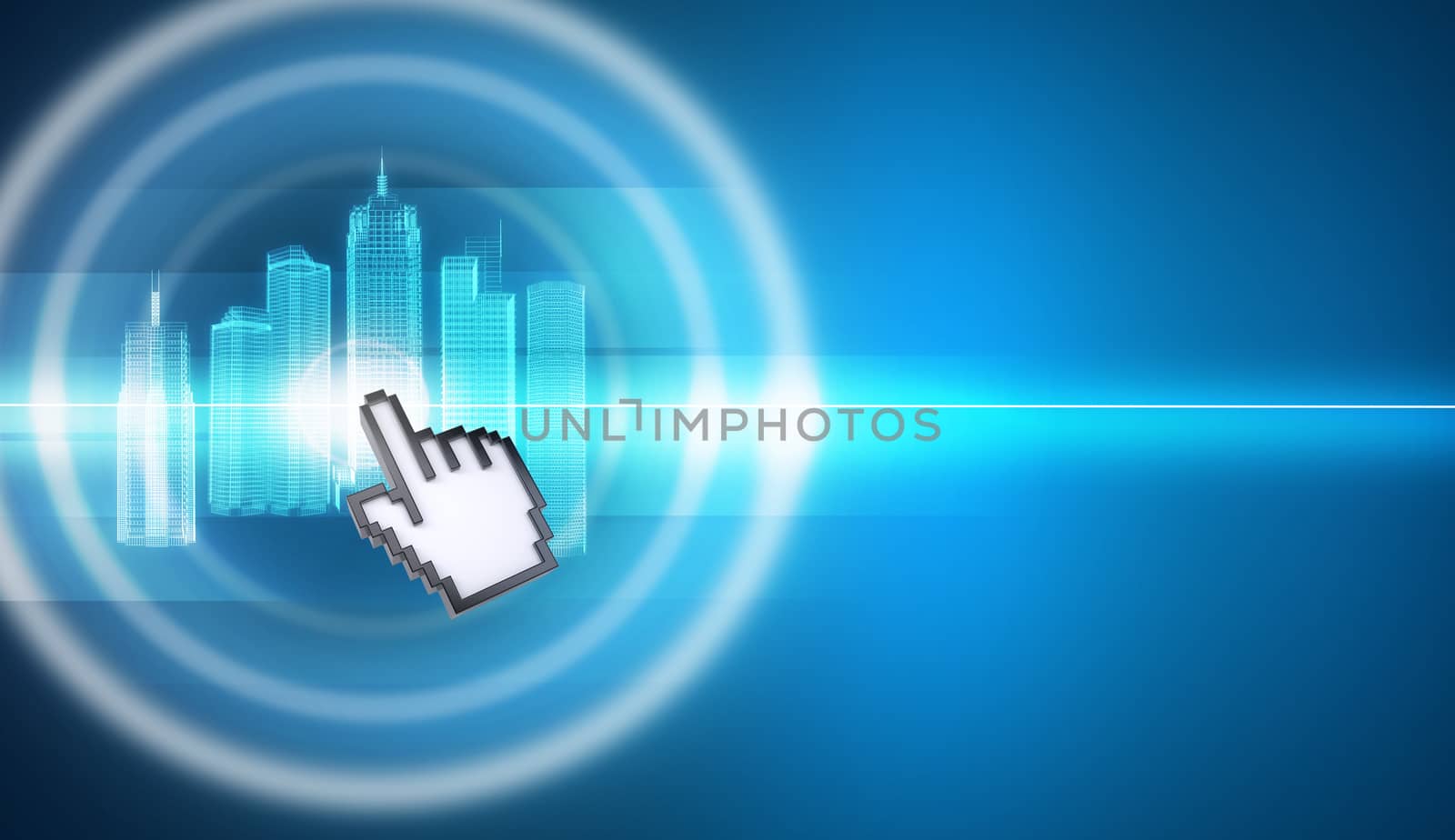 Cursor clicking on virtual city model on abstract green background